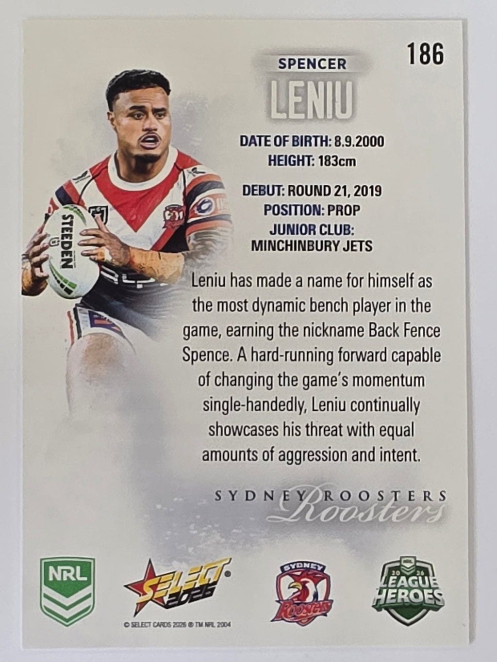 NRL 2026 League Heroes | Base | #186 | Spencer Leniu | Sydney Roosters