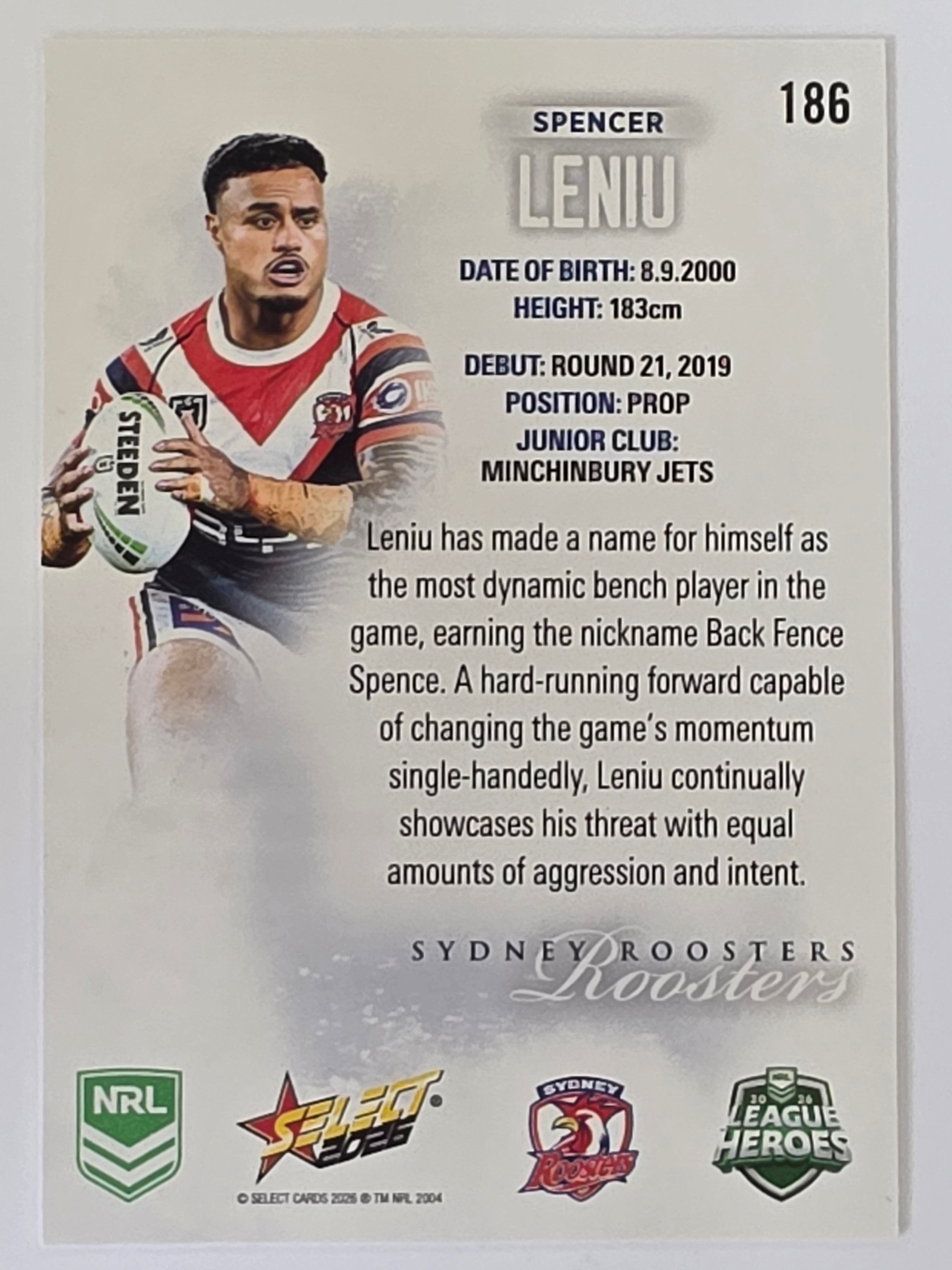 NRL 2026 League Heroes | Base | #186 | Spencer Leniu | Sydney Roosters