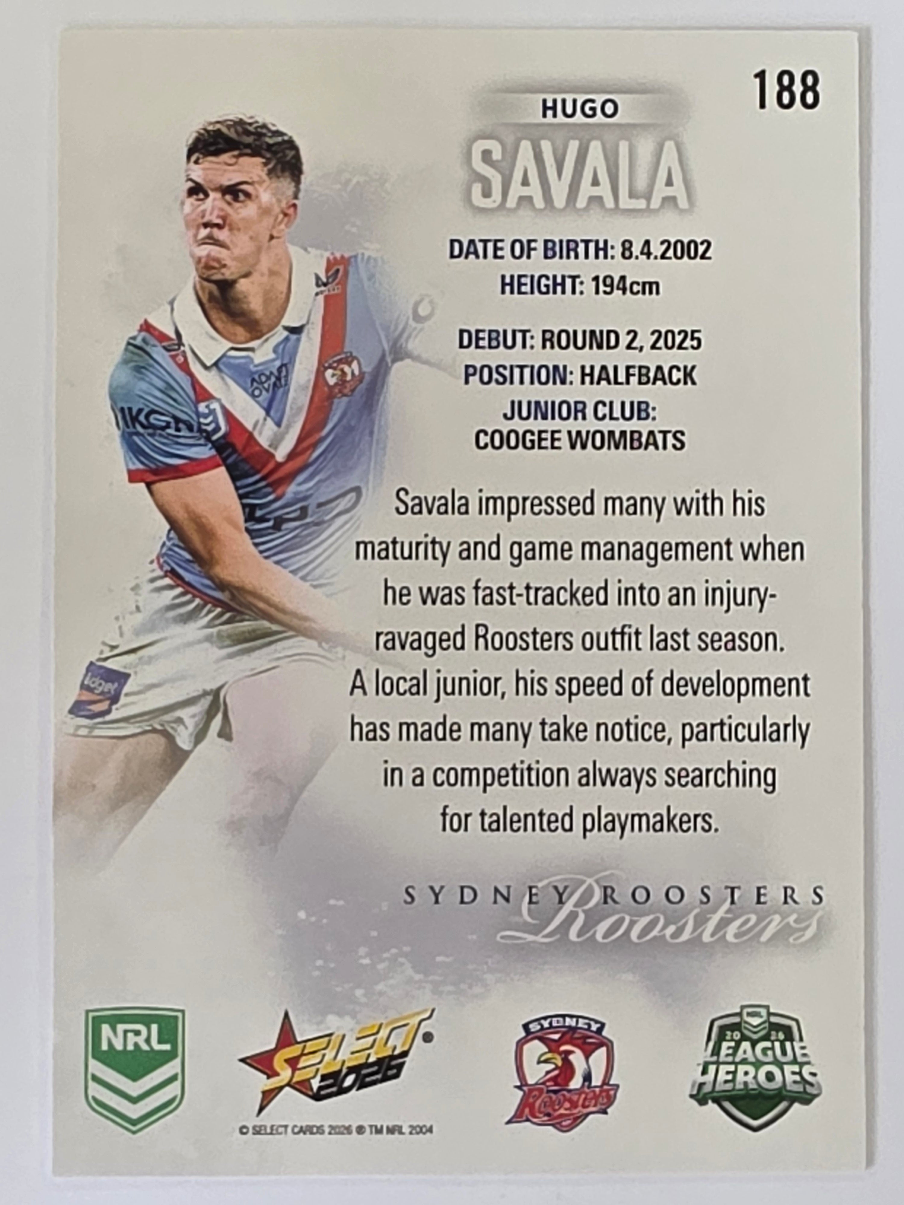 NRL 2026 League Heroes | Base | #188 | Hugo Savala | Sydney Roosters