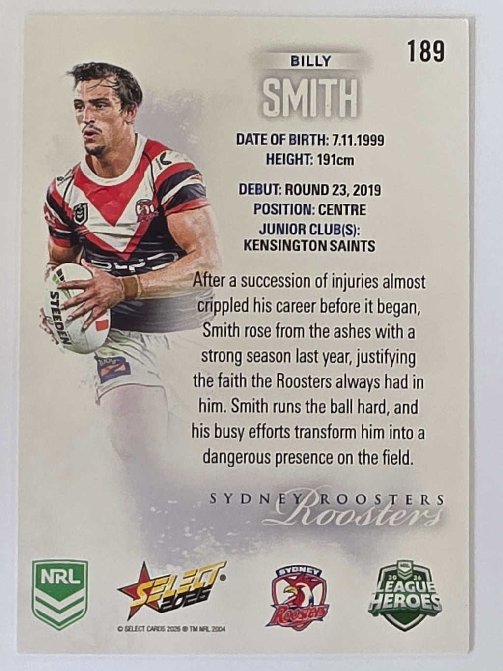 NRL 2026 League Heroes | Base | #189 | Billy Smith | Sydney Roosters