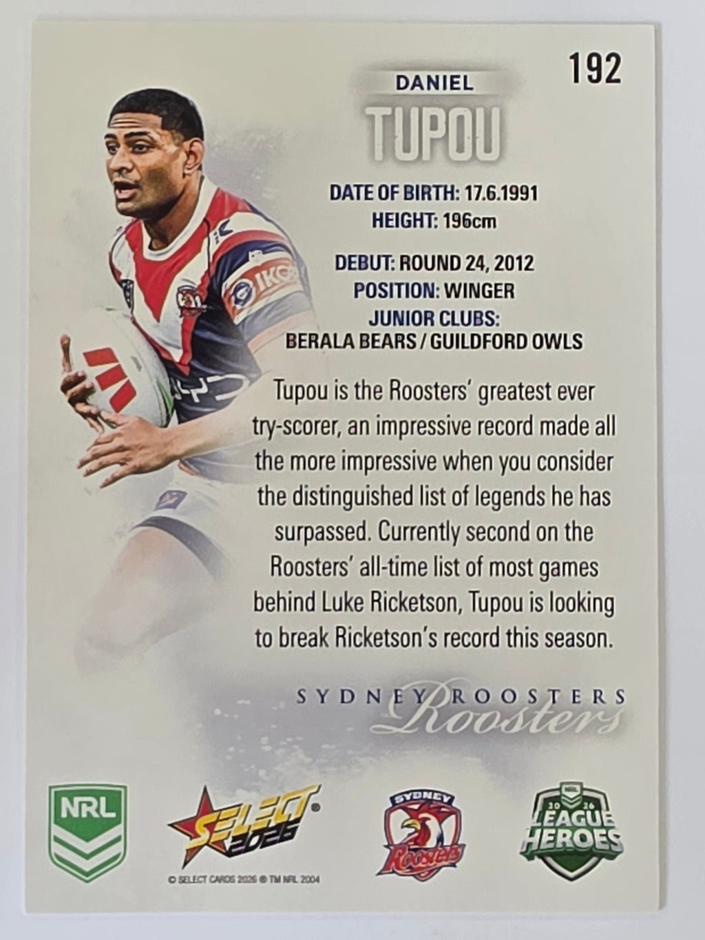 NRL 2026 League Heroes | Base | #192 | Daniel Tupou | Sydney Roosters