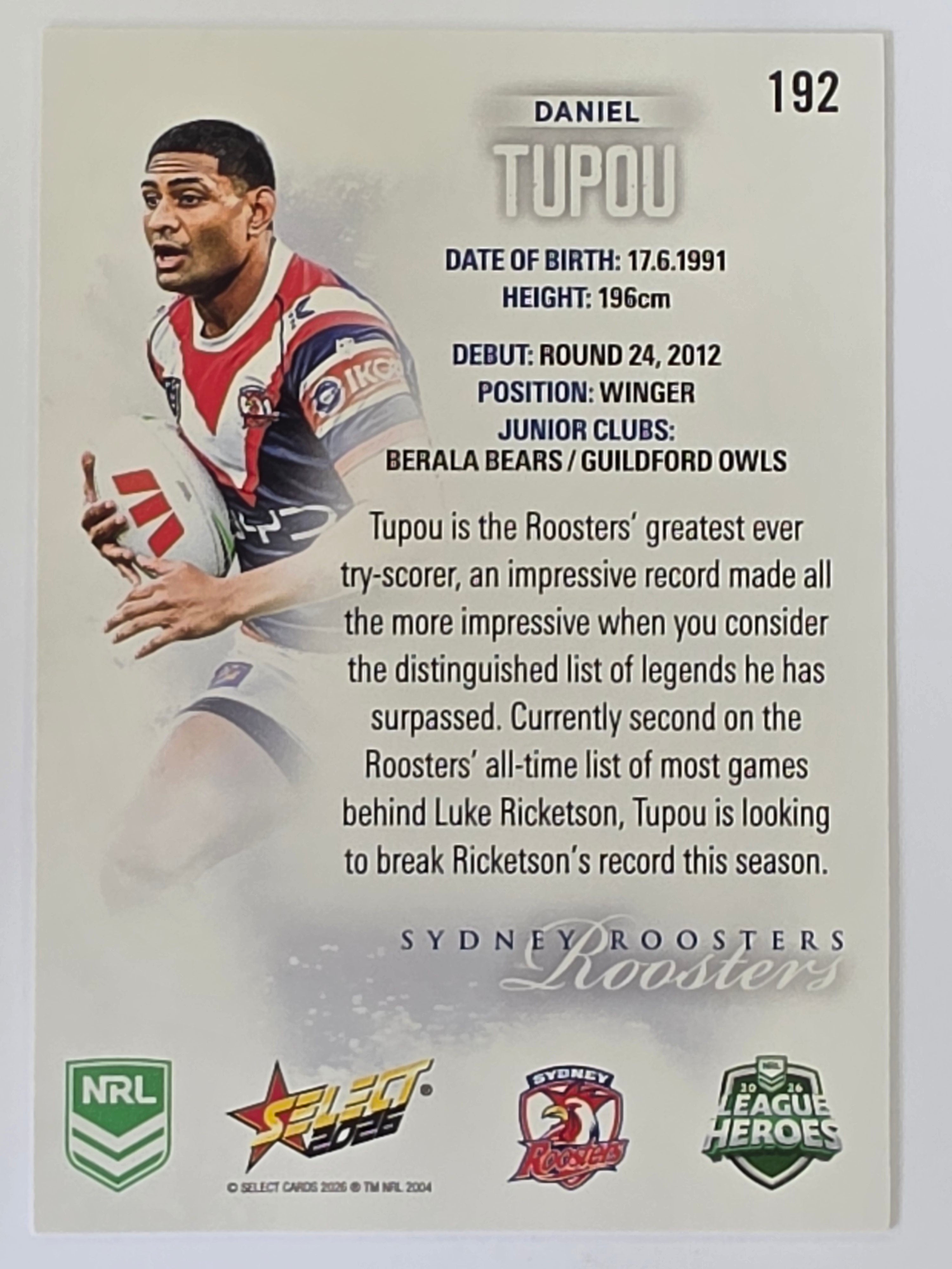 NRL 2026 League Heroes | Base | #192 | Daniel Tupou | Sydney Roosters