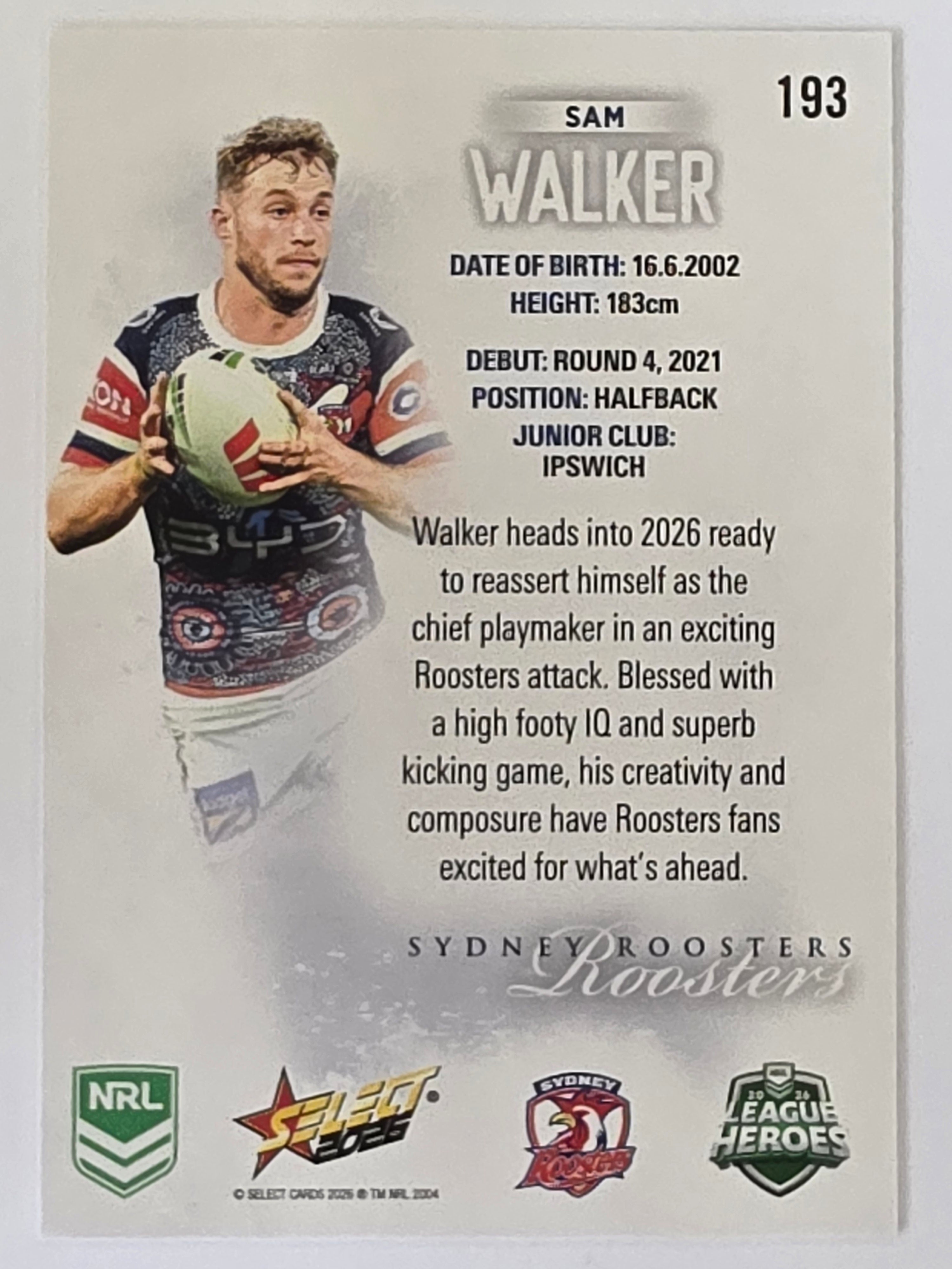 NRL 2026 League Heroes | Base | #193 | Sam Walker | Sydney Roosters