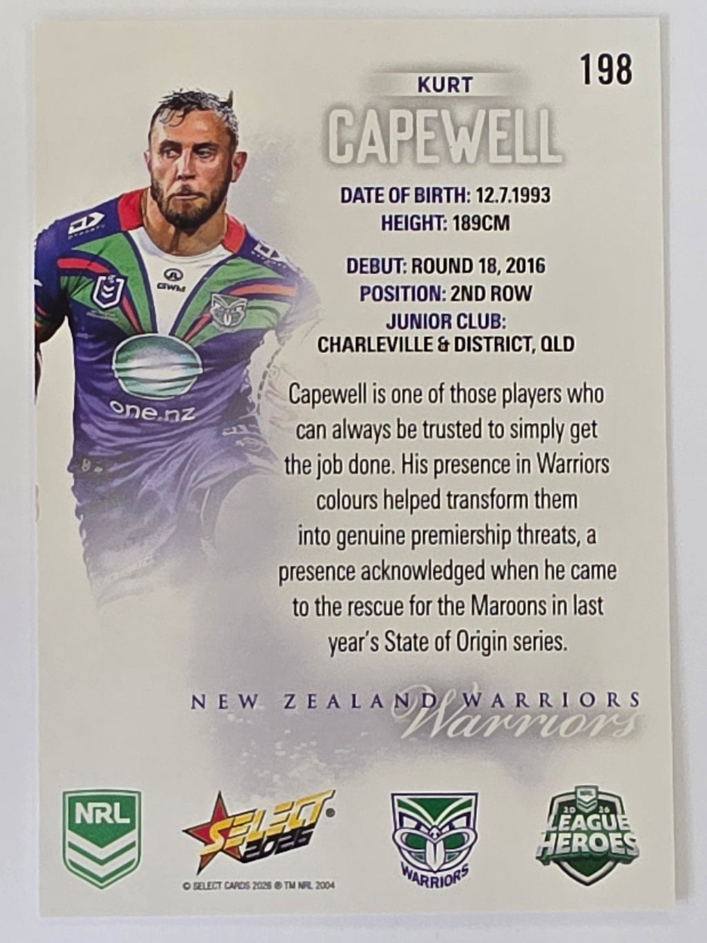 NRL 2026 League Heroes | Base | #198 | Kurt Capewell | New Zealand Warriors