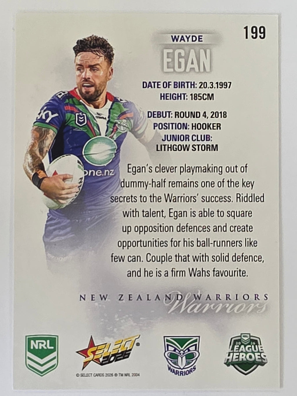 NRL 2026 League Heroes | Base | #199 | Wayde Egan | New Zealand Warriors