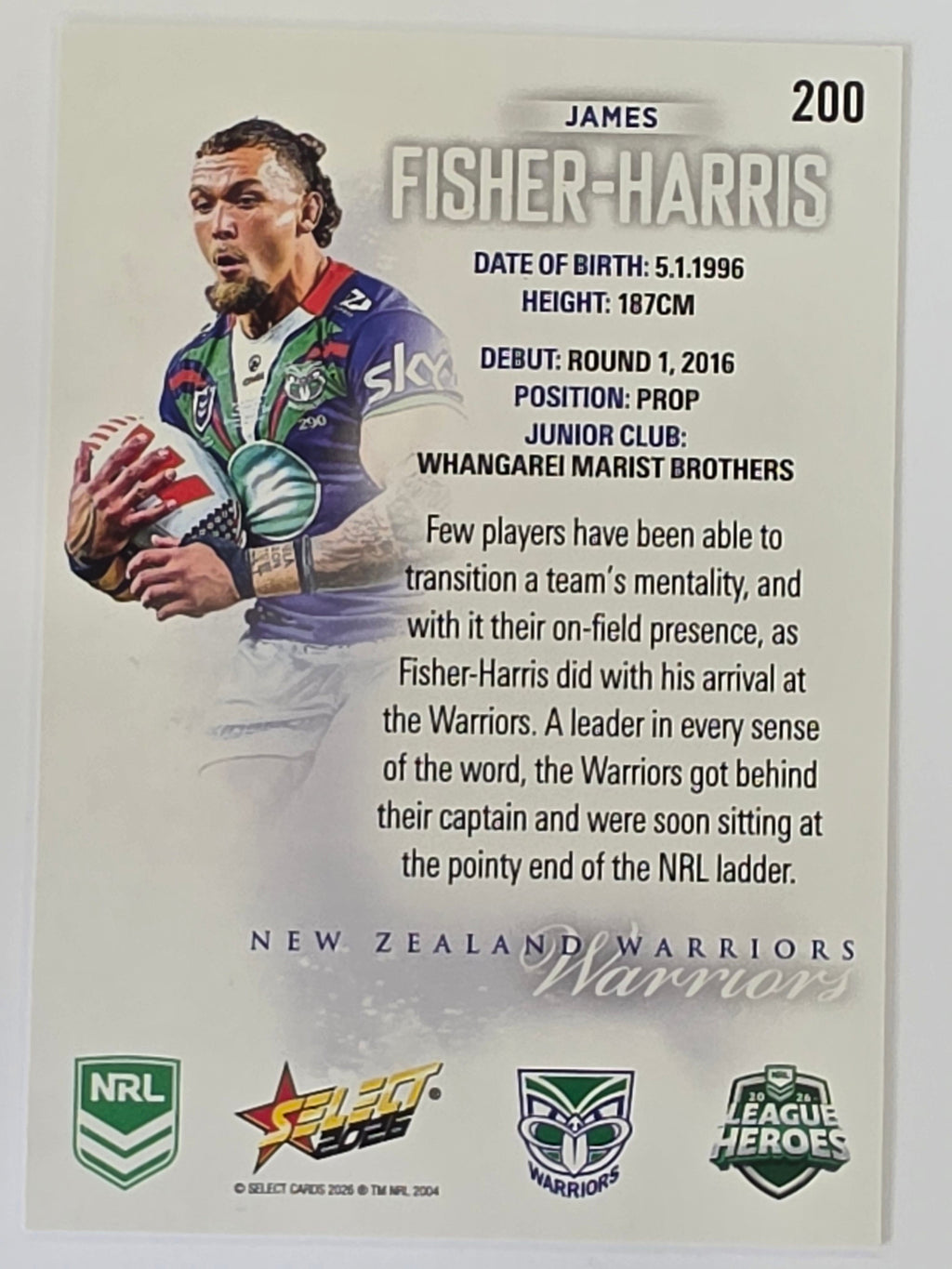 NRL 2026 League Heroes | Base | #200 | James Fisher-Harris |New Zealand Warriors