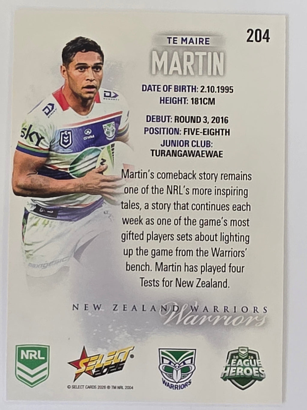 NRL 2026 League Heroes | Base | #204 | Te Maire Martin | New Zealand Warriors