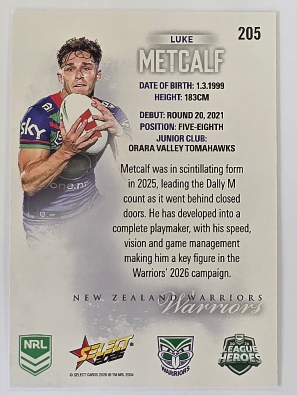 NRL 2026 League Heroes | Base | #205 | Luke Metcalf | New Zealand Warriors