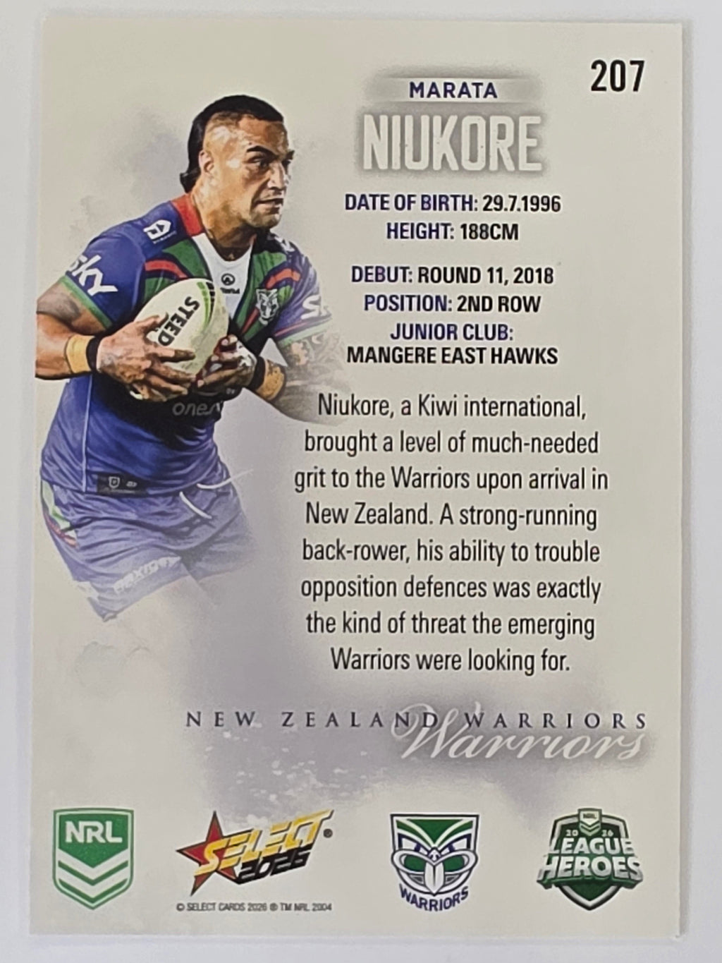NRL 2026 League Heroes | Base | #207 | Marata Niukore | New Zealand Warriors