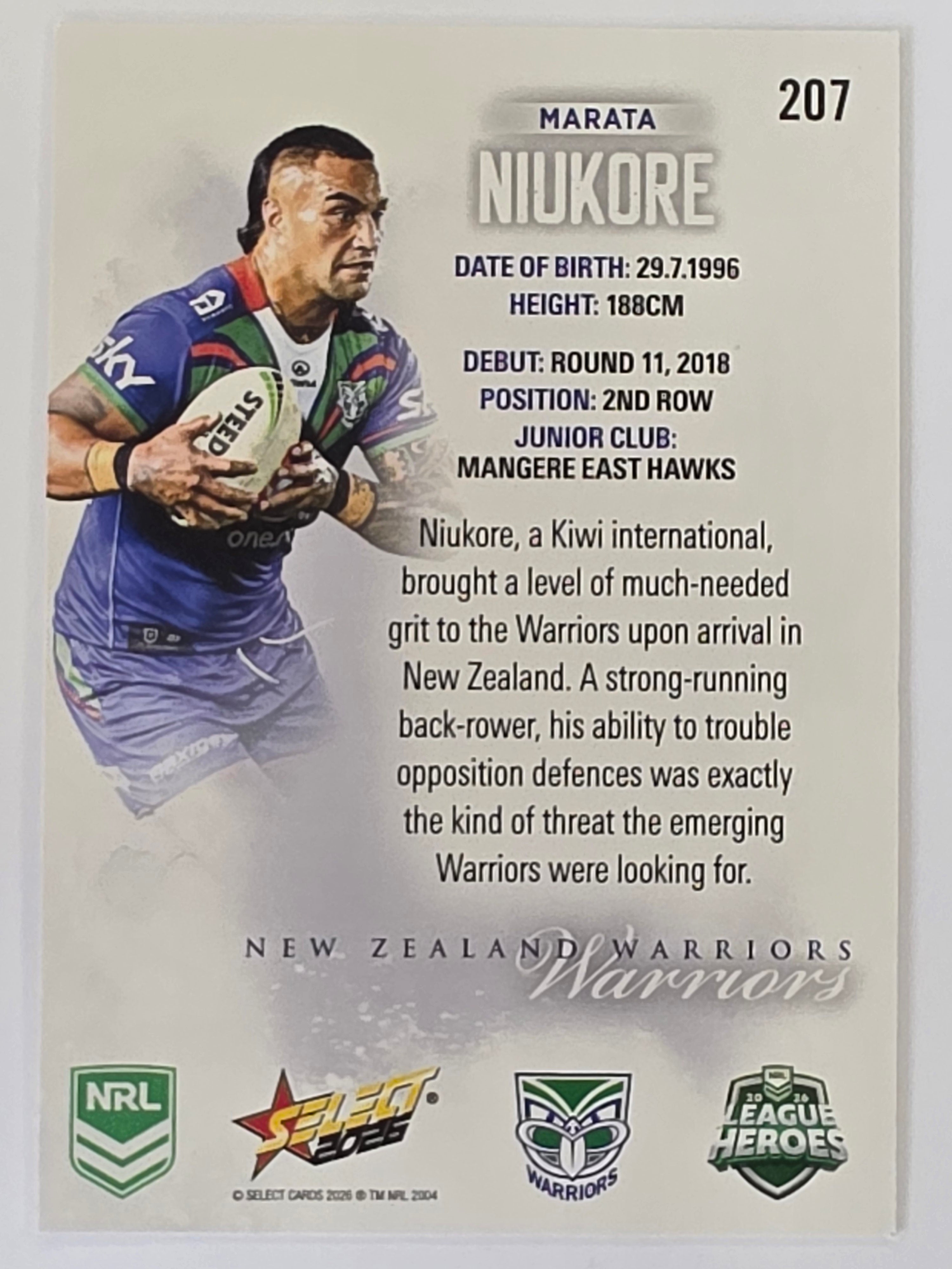 NRL 2026 League Heroes | Base | #207 | Marata Niukore | New Zealand Warriors