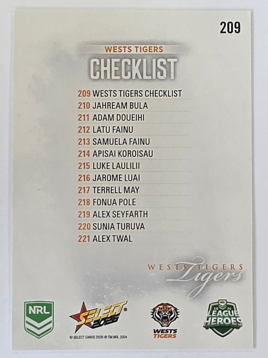 NRL 2026 League Heroes | Base | #209 | Logo | Wests Tigers