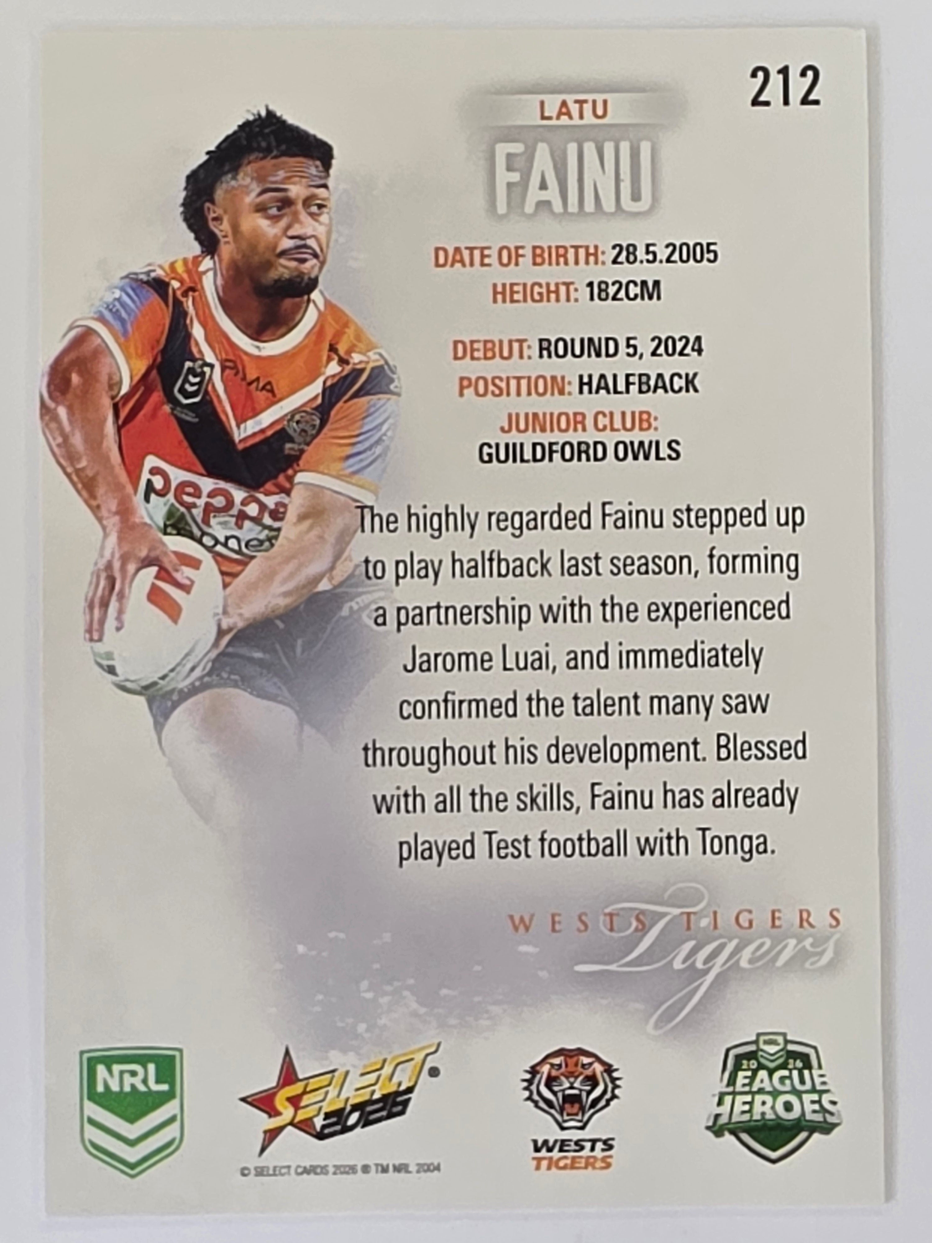 NRL 2026 League Heroes | Base | #212 | Latu Fainu | Wests Tigers