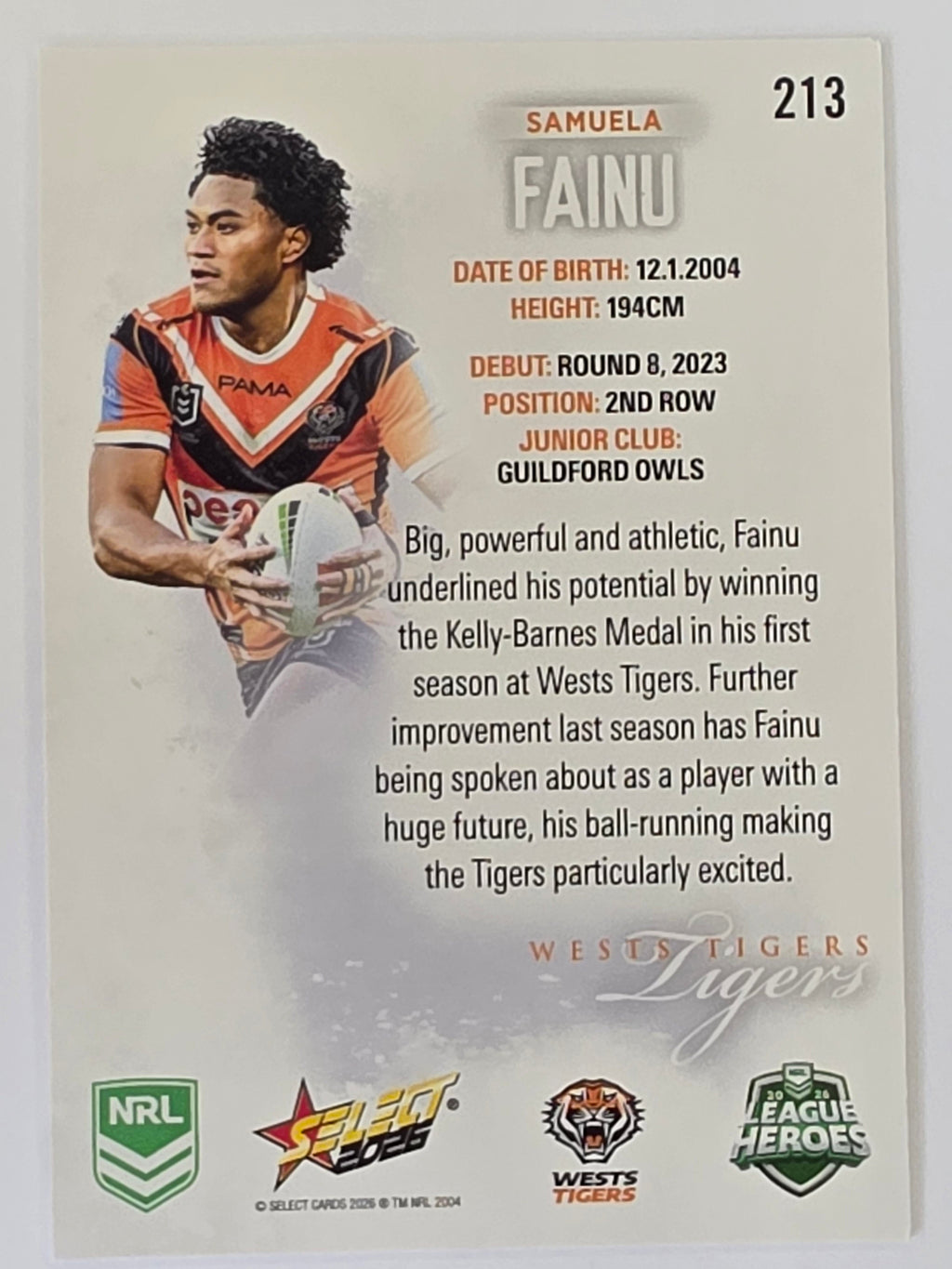NRL 2026 League Heroes | Base | #213 | Samuela Fainu | Wests Tigers
