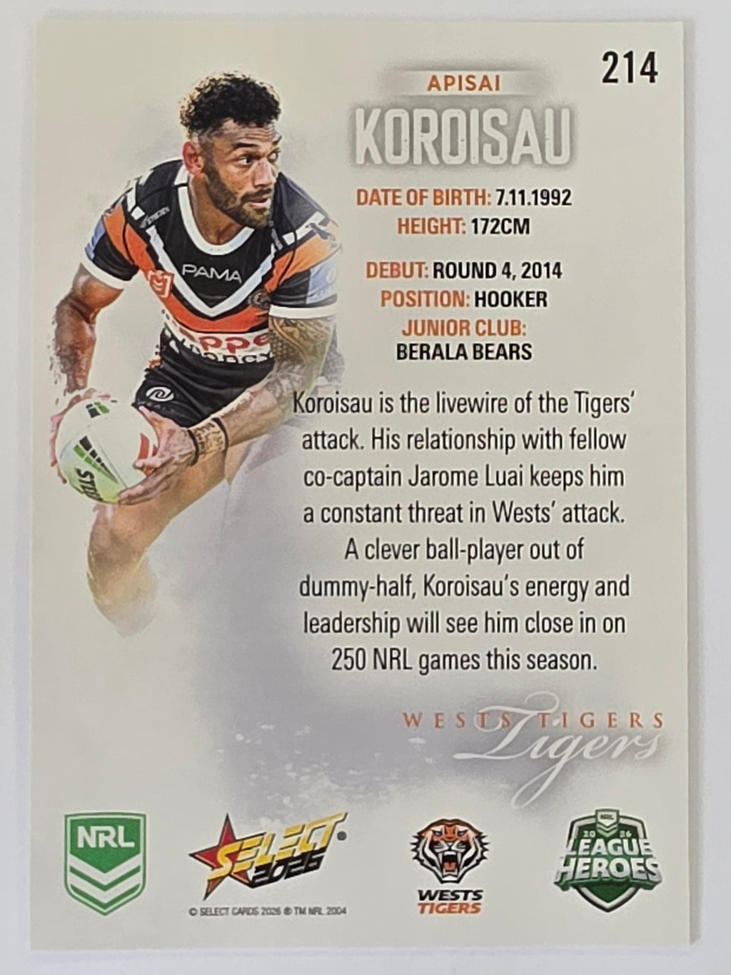 NRL 2026 League Heroes | Base | #214 | Apisai Koroisau | Wests Tigers