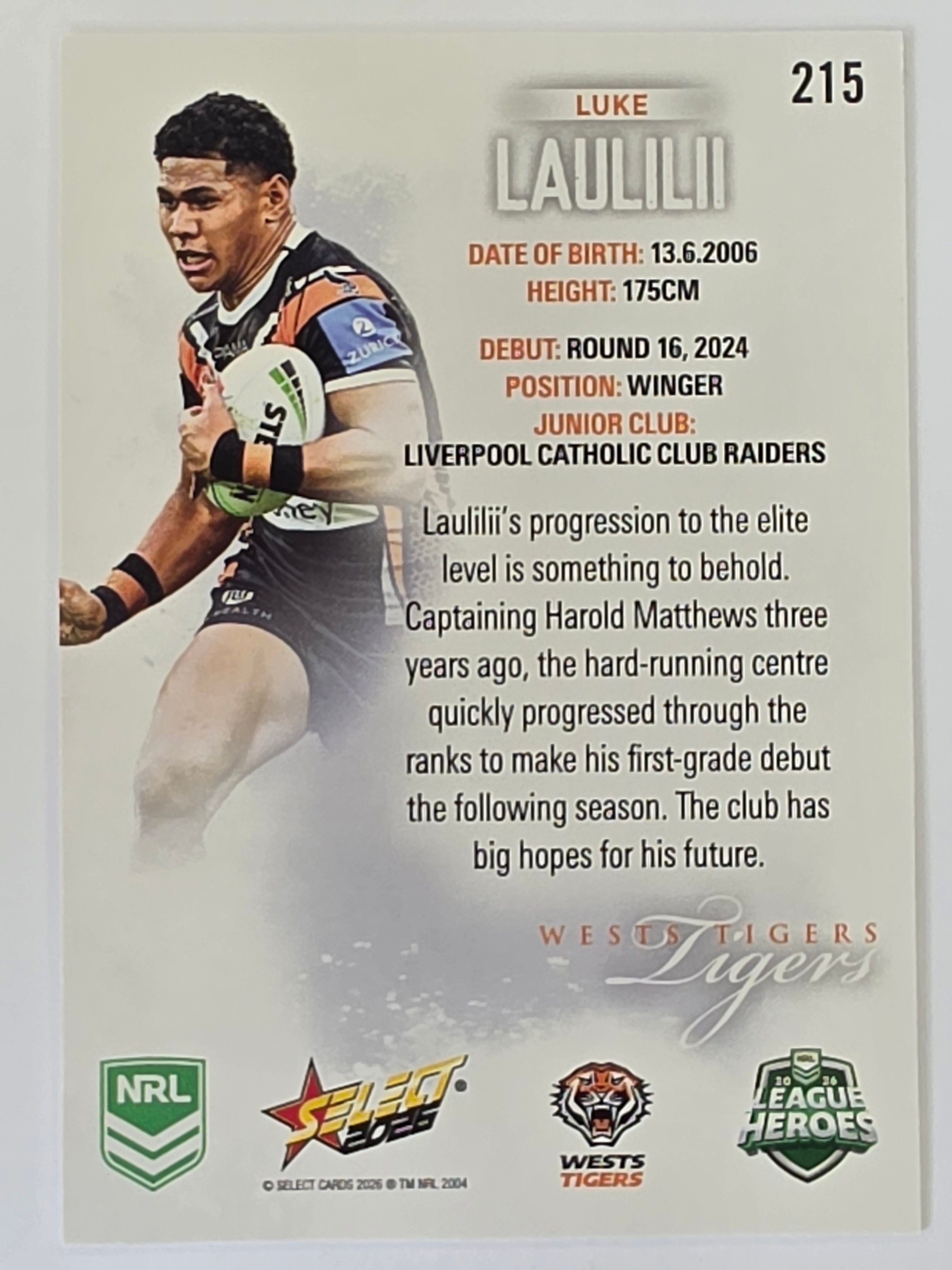 NRL 2026 League Heroes | Base | #215 | Luke Laulilii | Wests Tigers