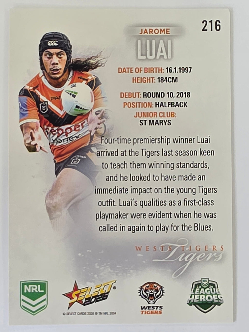 NRL 2026 League Heroes | Base | #216 | Jarome Luai | Wests Tigers