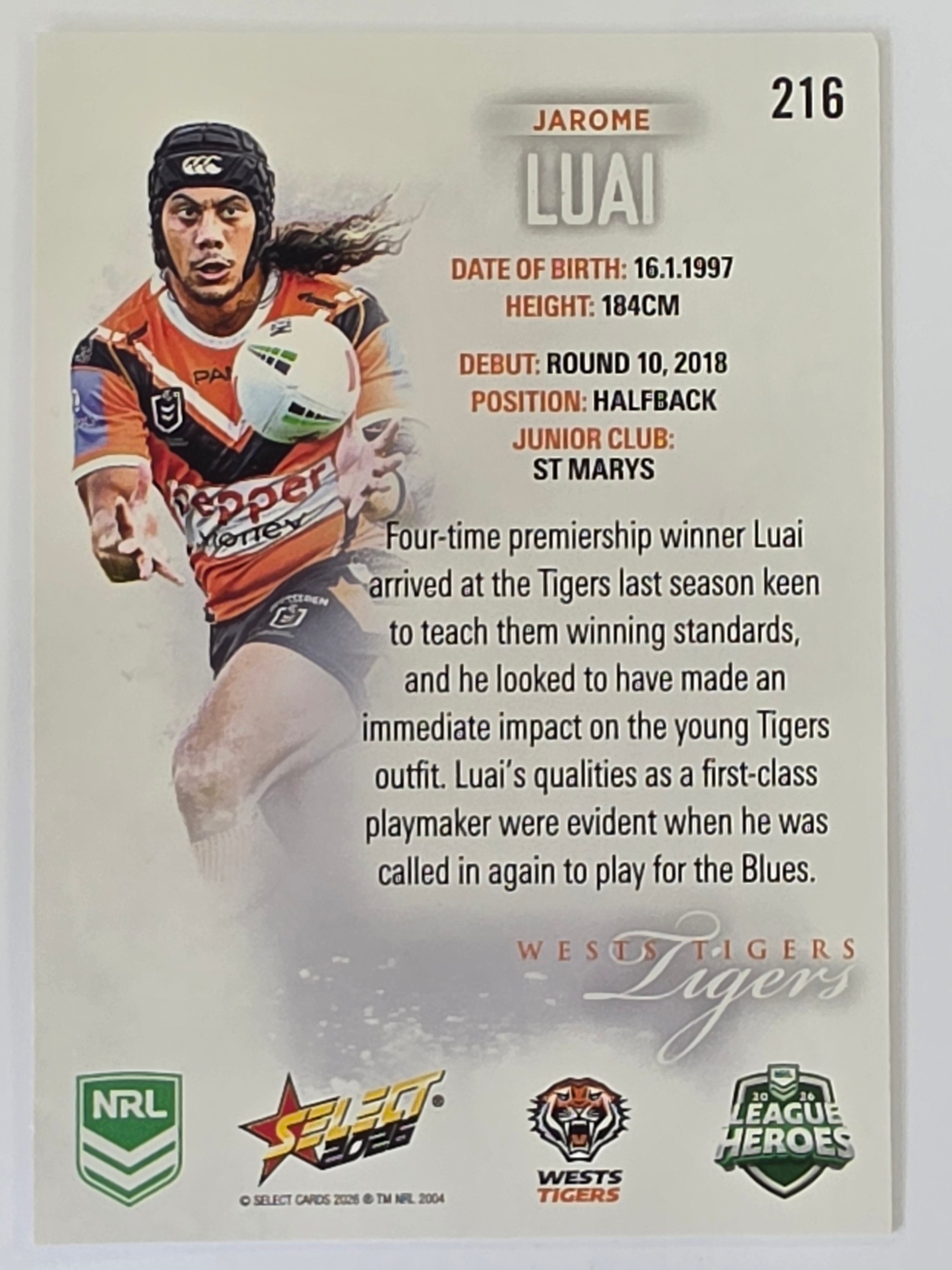 NRL 2026 League Heroes | Base | #216 | Jarome Luai | Wests Tigers