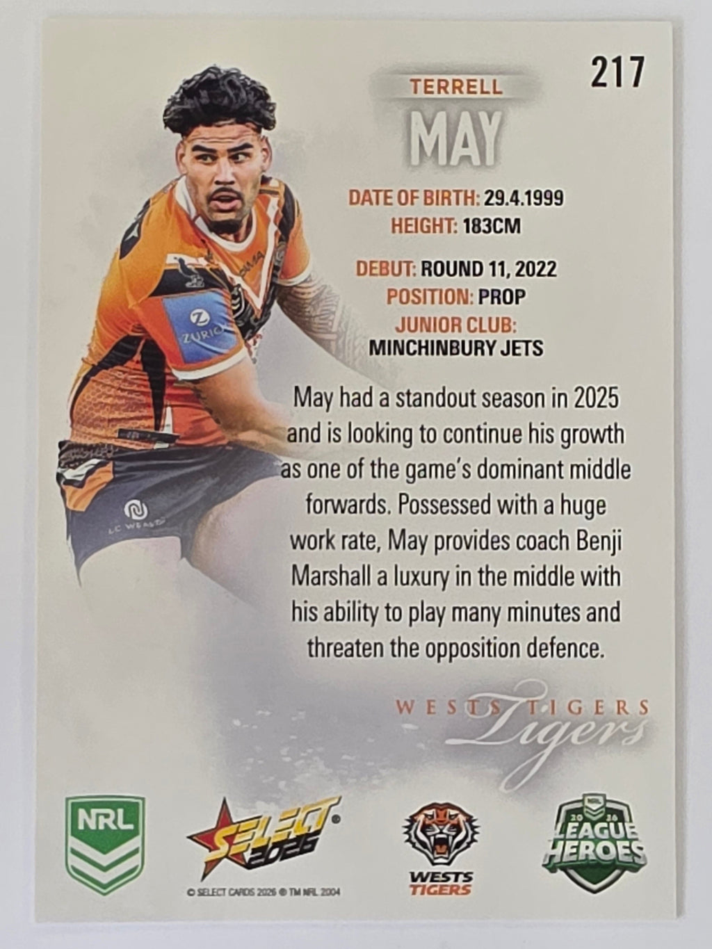 NRL 2026 League Heroes | Base | #217 | Terrell May | Wests Tigers