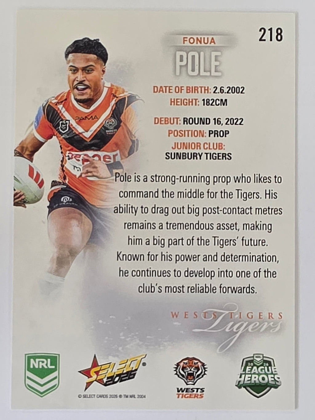 NRL 2026 League Heroes | Base | #218 | Fonua Pole | Wests Tigers