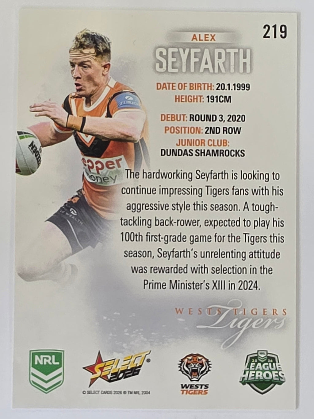 NRL 2026 League Heroes | Base | #219 | Alex Seyfarth | Wests Tigers