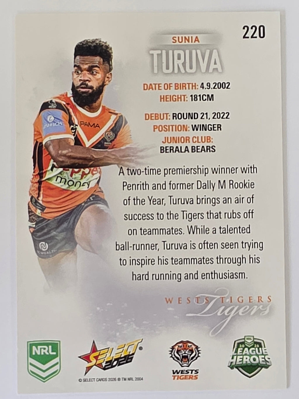 NRL 2026 League Heroes | Base | #220 | Sunia Turuva | Wests Tigers