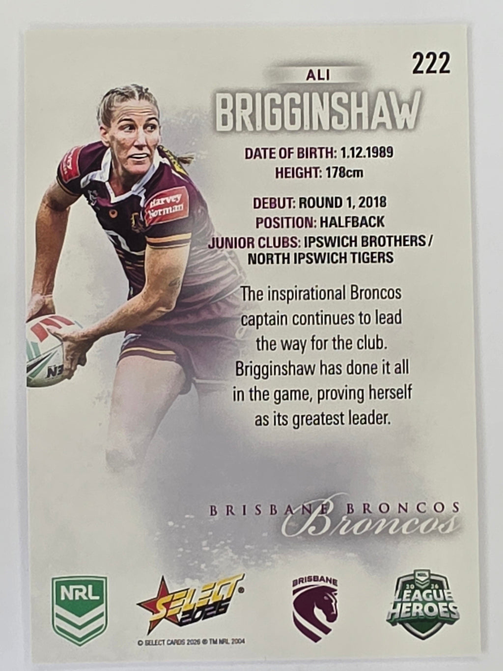 NRL 2026 League Heroes | Base | #222 | Ali Brigginshaw | NRLW Brisbane Broncos