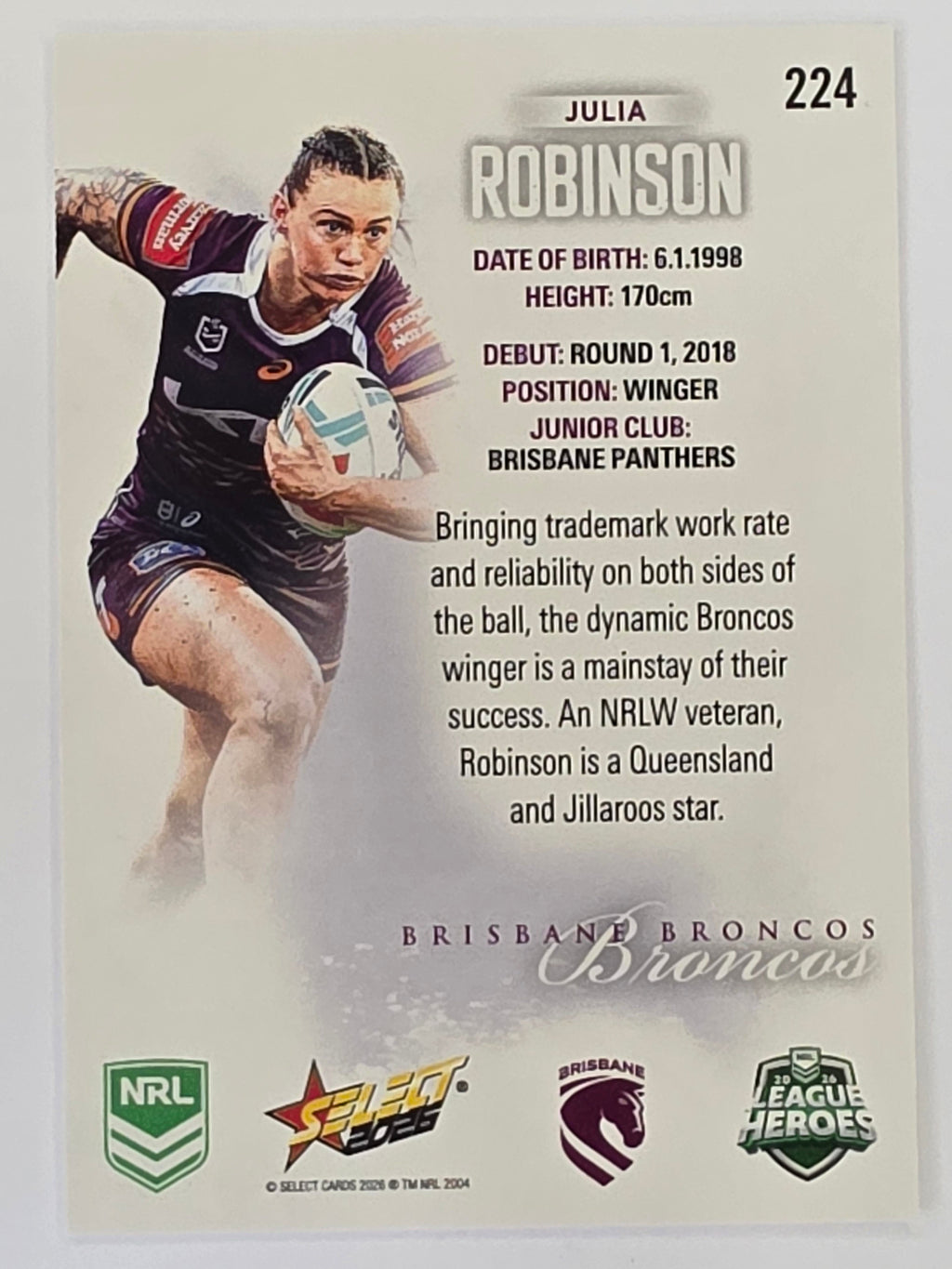 NRL 2026 League Heroes | Base | #224 | Julia Robinson | NRLW Brisbane Broncos