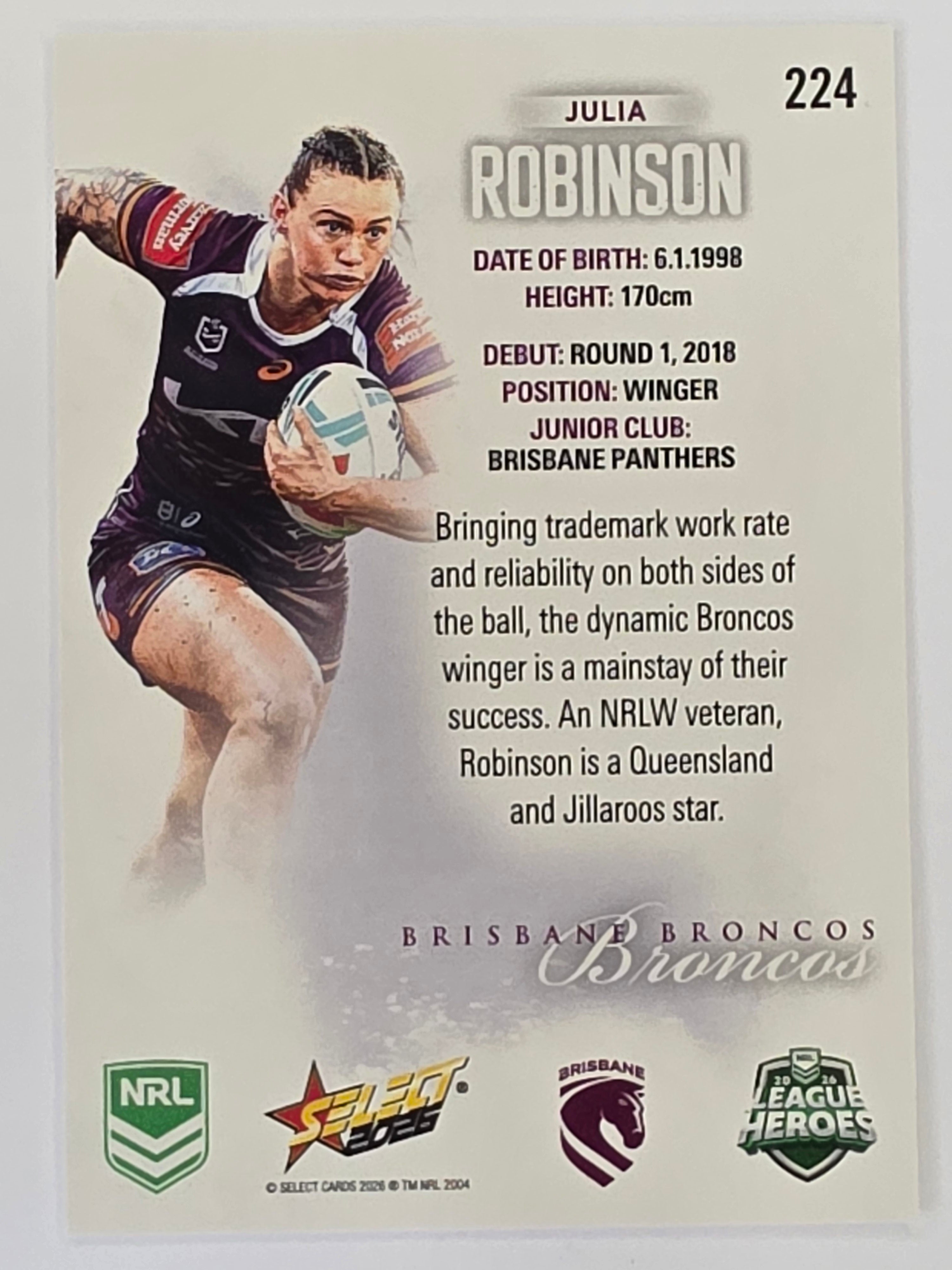NRL 2026 League Heroes | Base | #224 | Julia Robinson | NRLW Brisbane Broncos