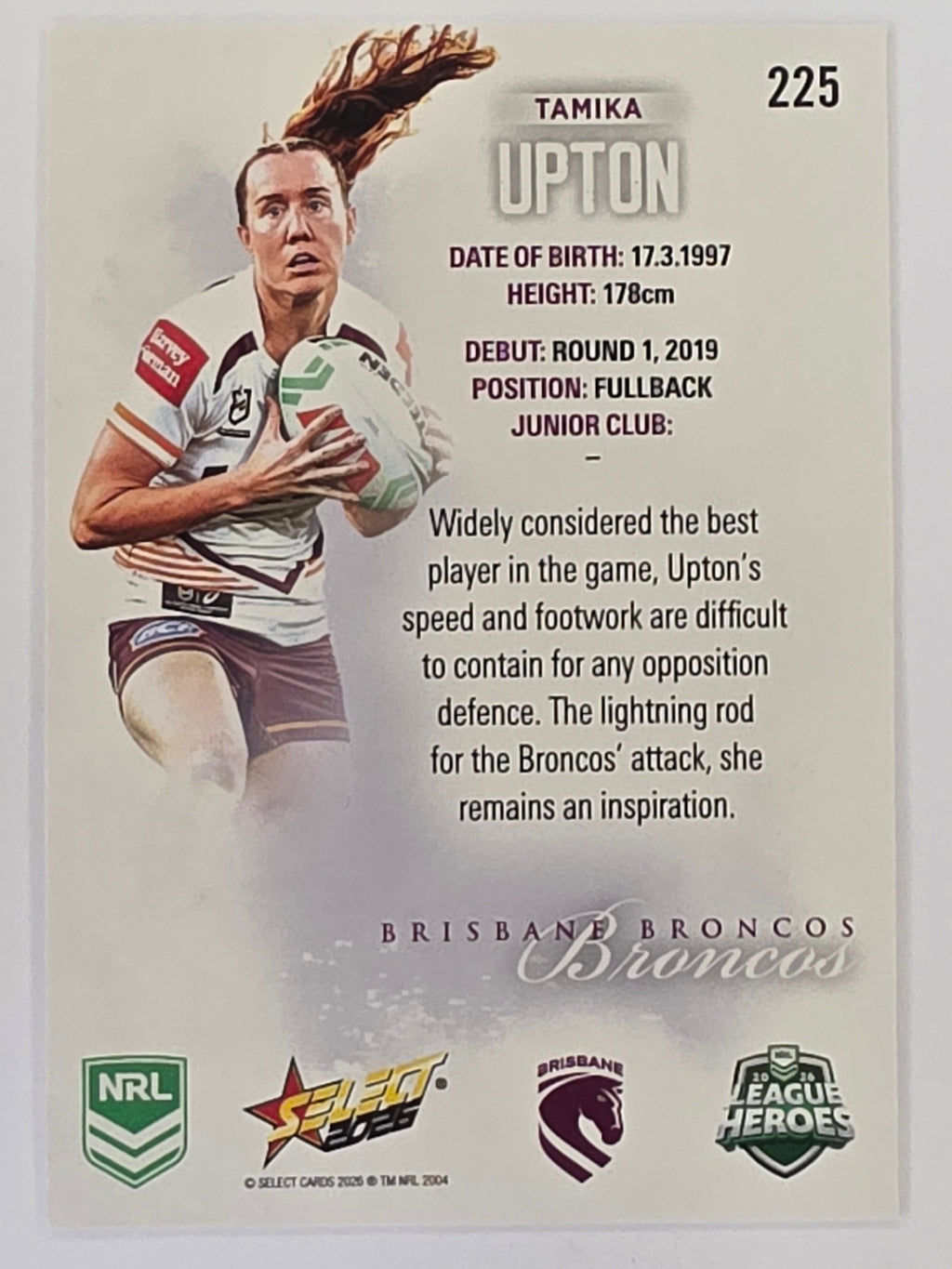 NRL 2026 League Heroes | Base | #225 | Tamika Upton | NRLW Brisbane Broncos