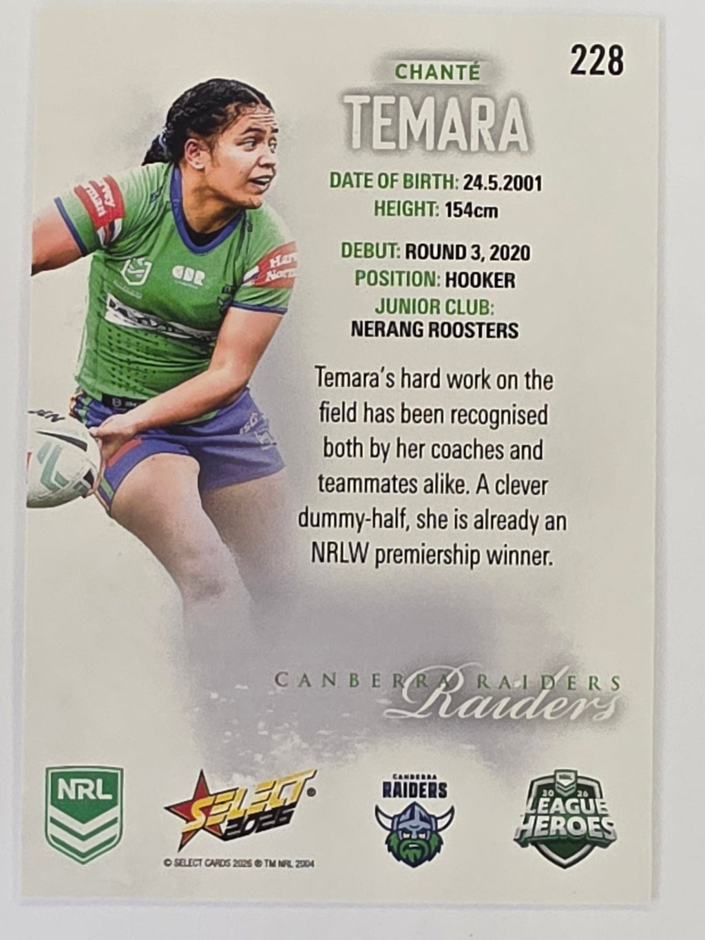 NRL 2026 League Heroes | Base | #228 | Chanté Temara | NRLW Canberra Raiders