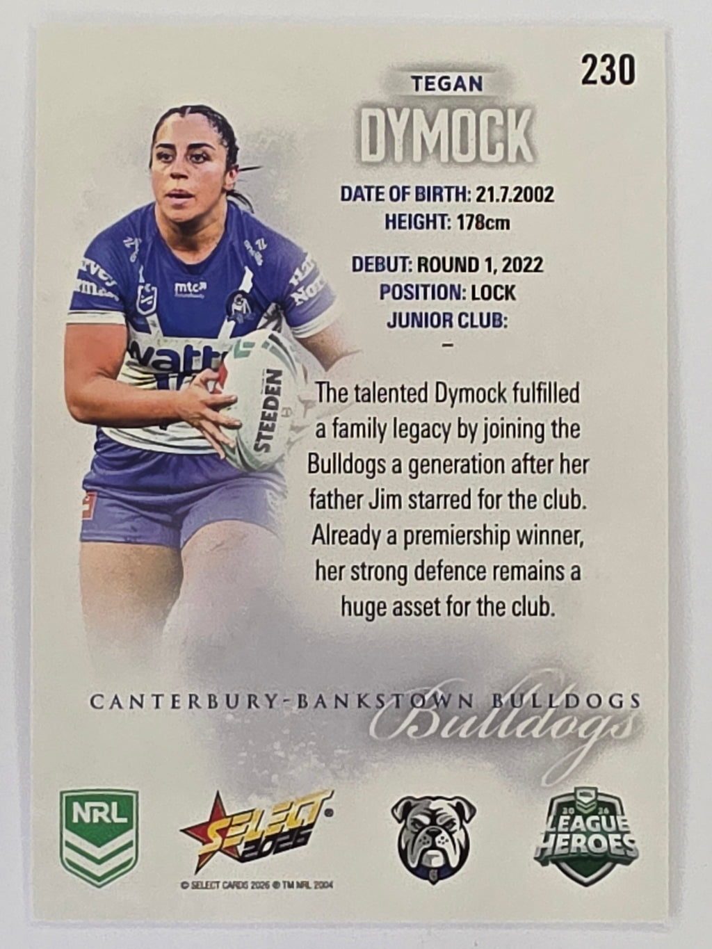 NRL 2026 League Heroes | Base | #230 | Tegan Dymock | NRLW Canterbury Bulldogs