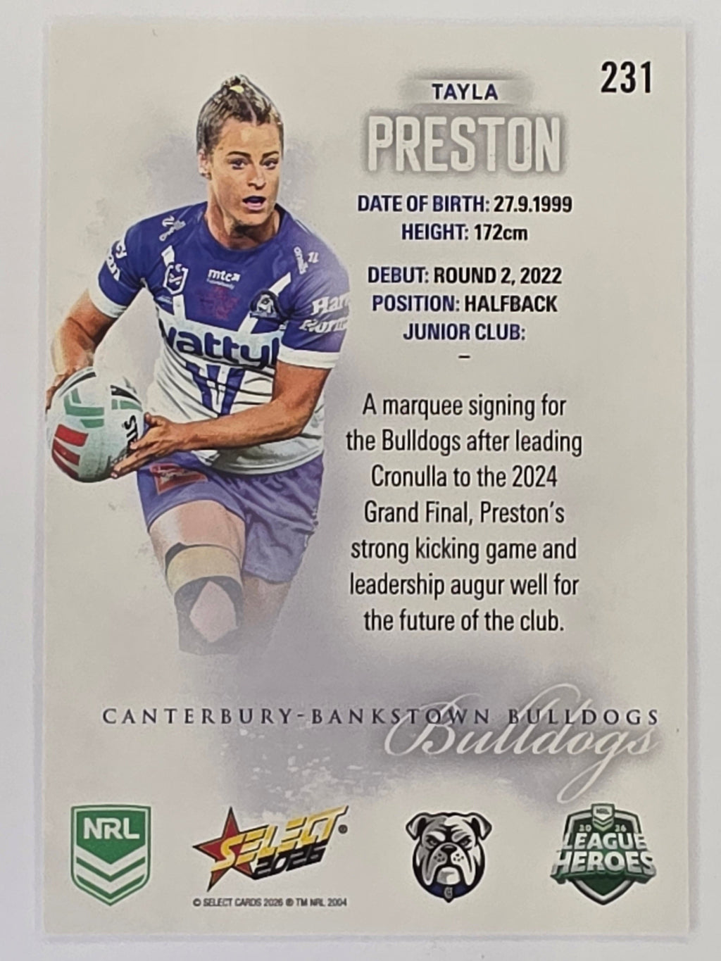 NRL 2026 League Heroes | Base | #231 | Tayla Preston | NRLW Canterbury Bulldogs