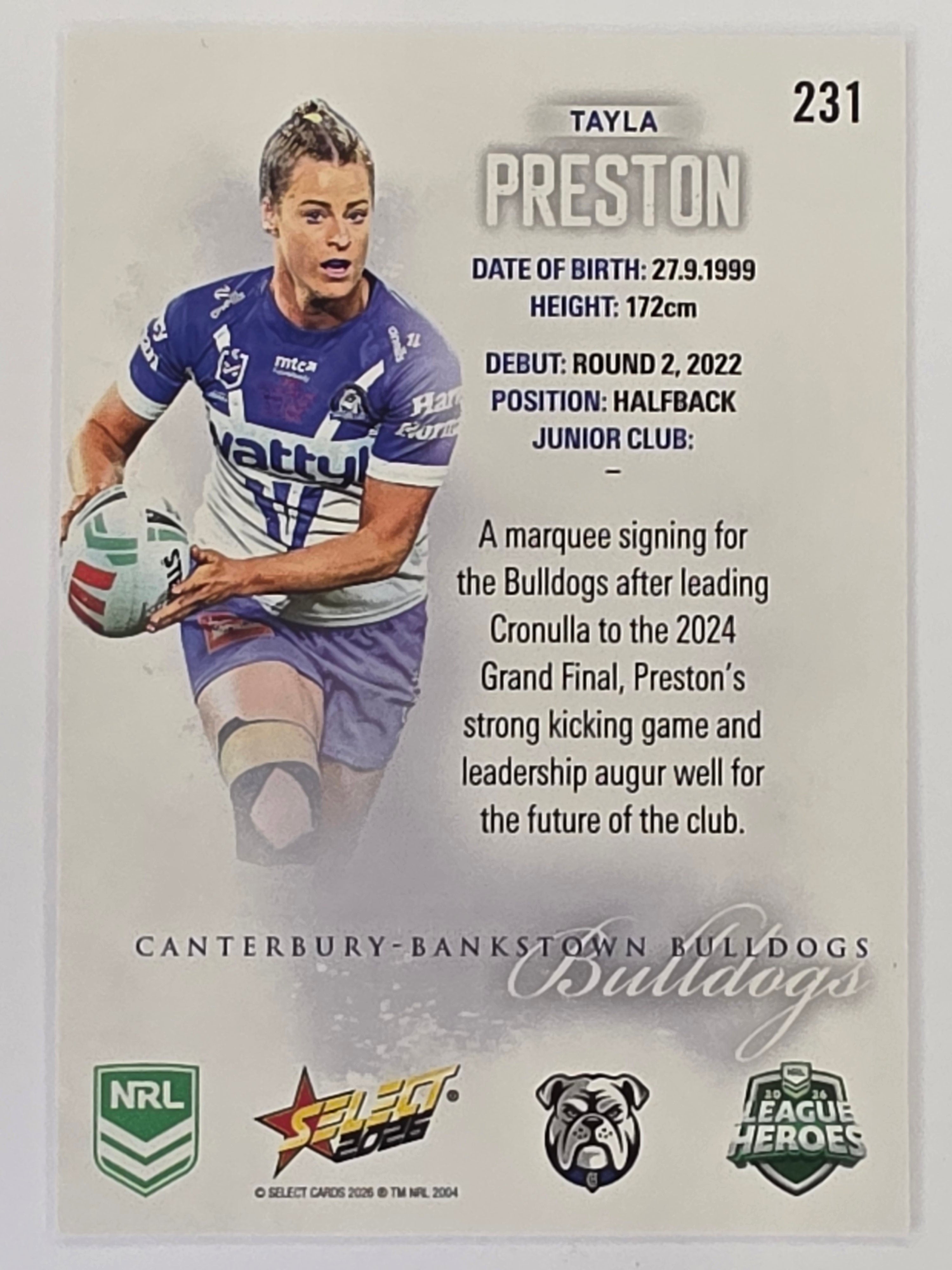 NRL 2026 League Heroes | Base | #231 | Tayla Preston | NRLW Canterbury Bulldogs