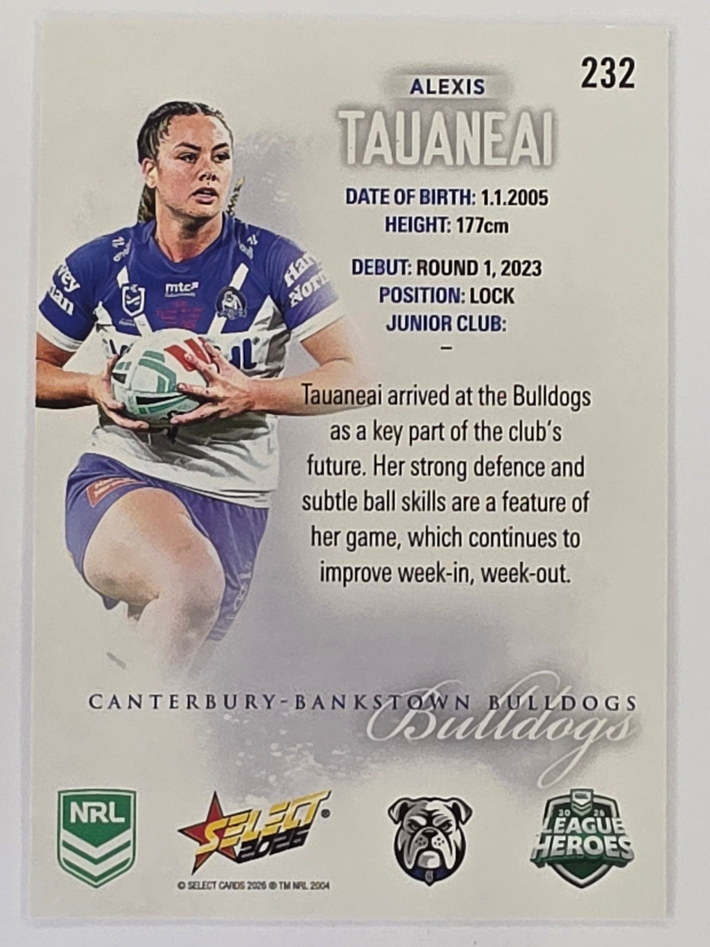 NRL 2026 League Heroes | Base | #232 |Alexis Tauaneai | NRLW Canterbury Bulldogs
