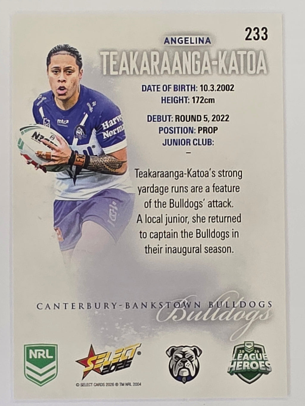 NRL 2026 League Heroes | Base | #233 | Angelina Teakaraanga-Katoa | NRLW Canterbury Bulldogs