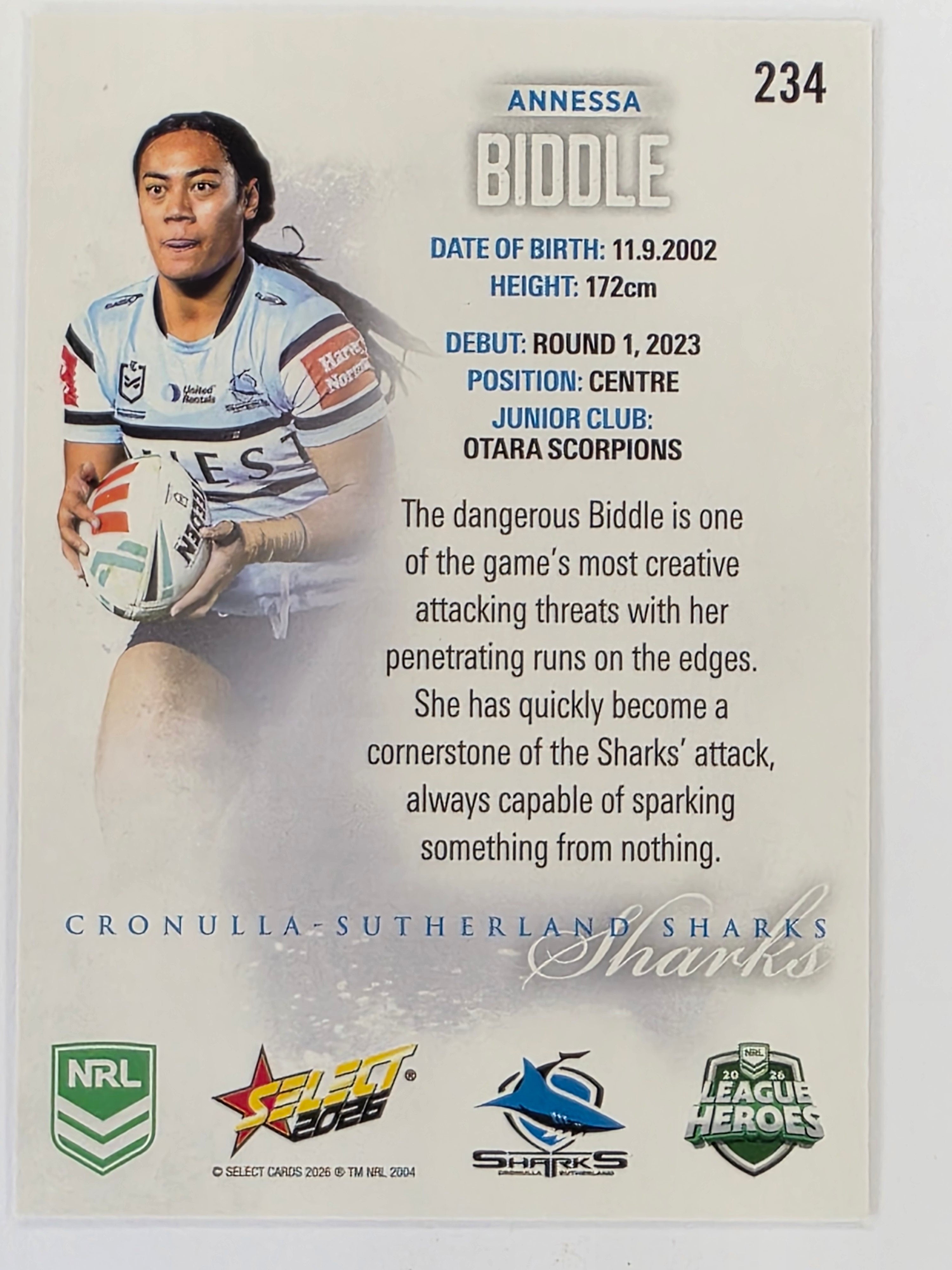 NRL 2026 League Heroes | Base | #234 | Annessa Biddle | NRLW Cronulla Sharks
