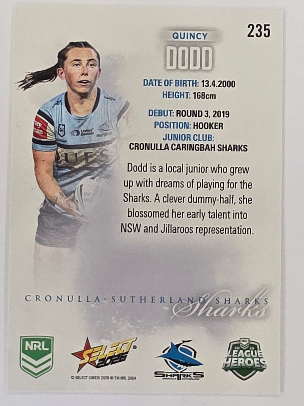 NRL 2026 League Heroes | Base | #235 | Quincy Dodd | NRLW Cronulla Sharks
