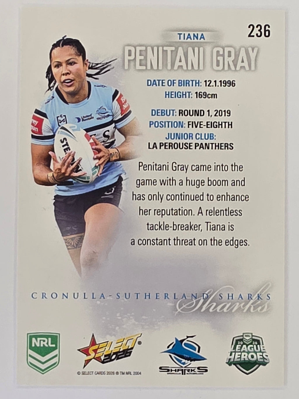 NRL 2026 League Heroes | Base | #236 |Tiana Penitani Gray | NRLW Cronulla Sharks