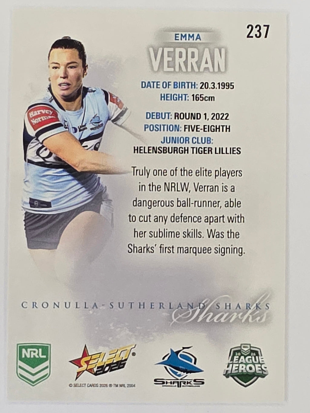 NRL 2026 League Heroes | Base | #237 | Emma Verran | NRLW Cronulla Sharks