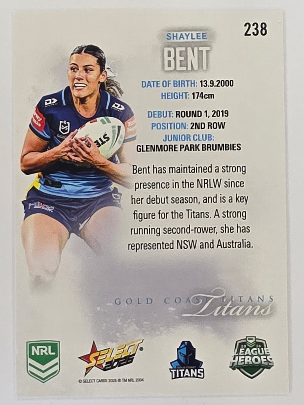 NRL 2026 League Heroes | Base | #238 | Shaylee Bent | NRLW Gold Coast Titans