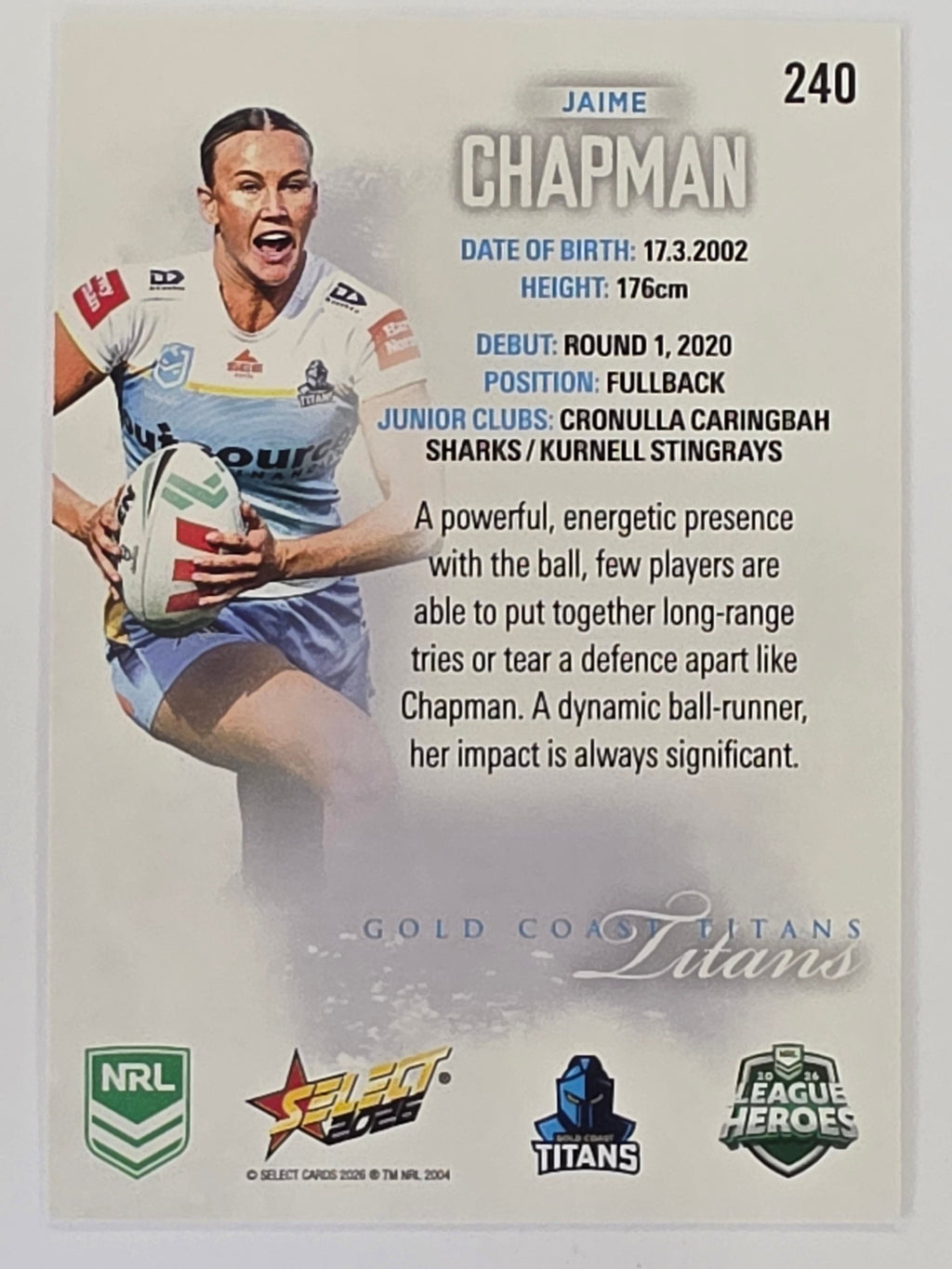 NRL 2026 League Heroes | Base | #240 | Jaime Chapman | NRLW Gold Coast Titans