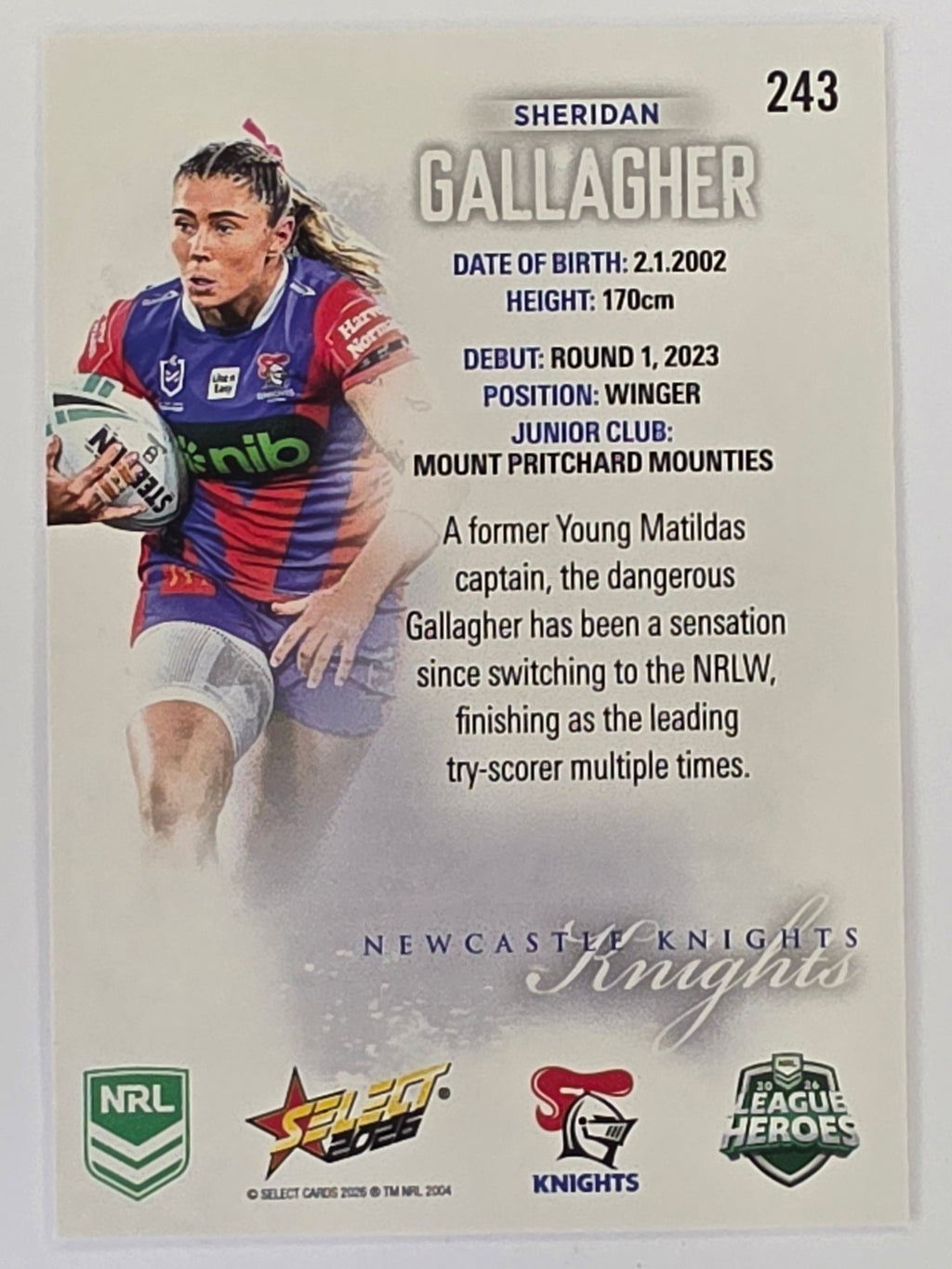 NRL 2026 League Heroes | Base | #243 |Sheridan Gallagher |NRLW Newcastle Knights