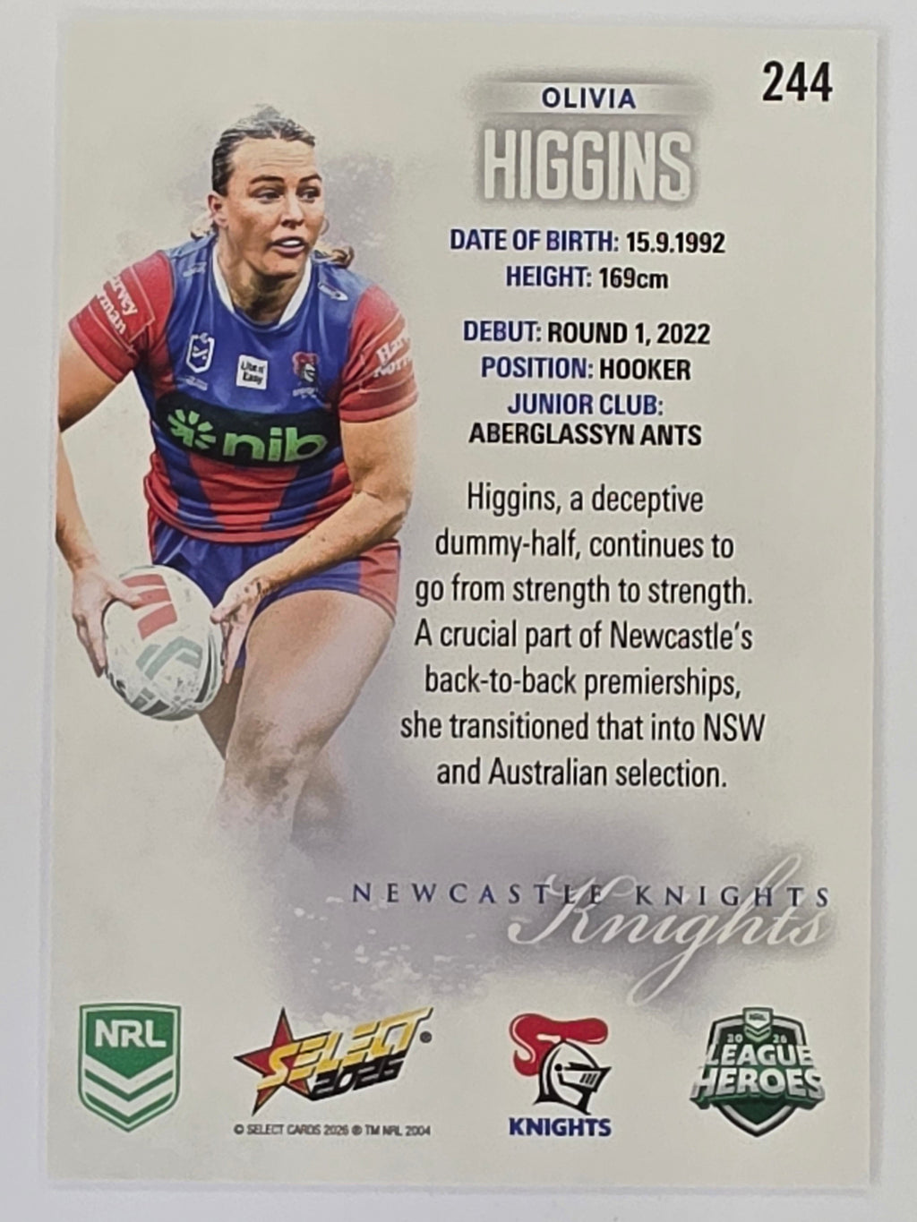 NRL 2026 League Heroes | Base | #244 | Olivia Higgins | NRLW Newcastle Knights