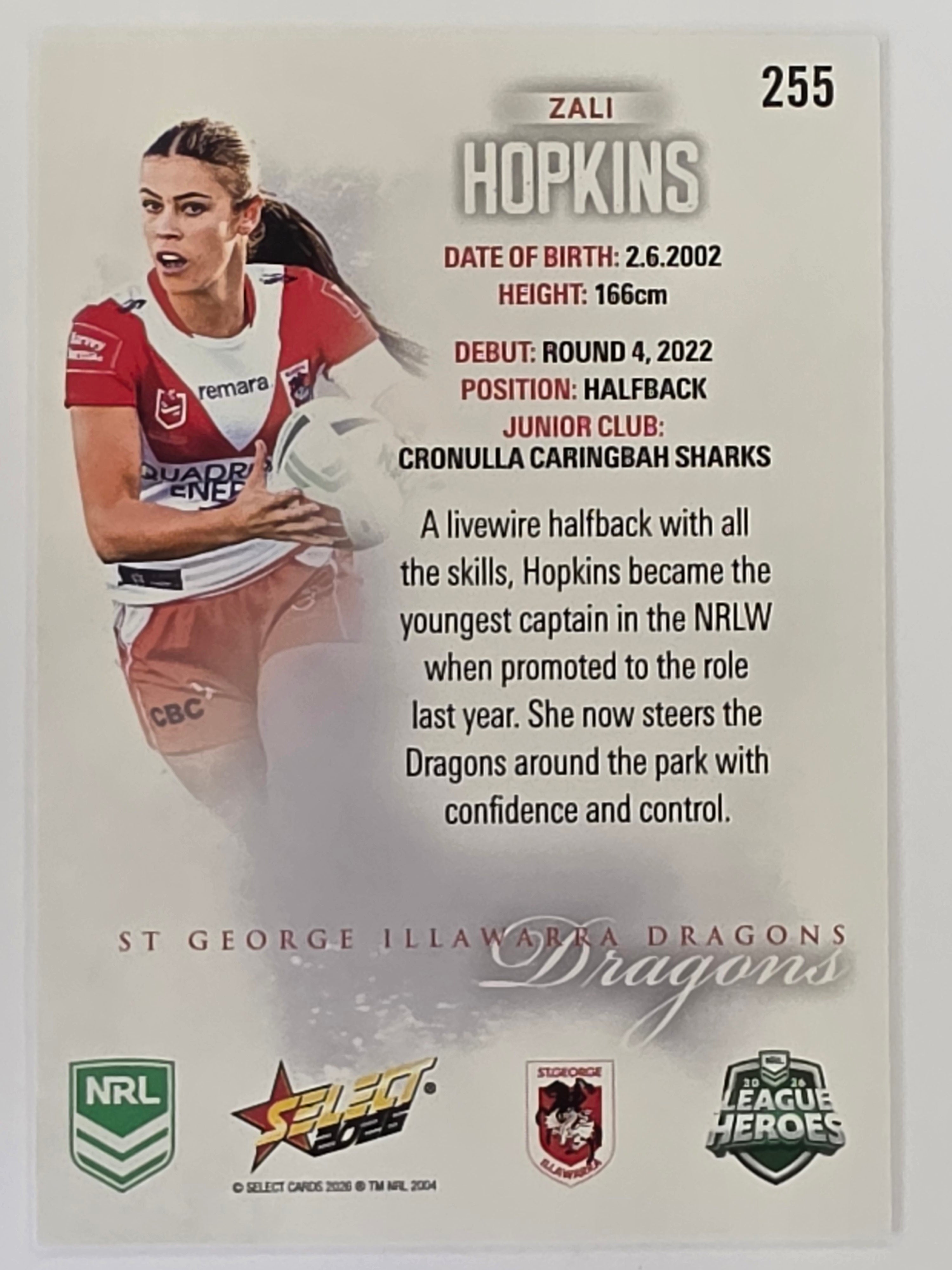 NRL 2026 League Heroes | Base | #255 | Zali Hopkins | NRLW St George Dragons