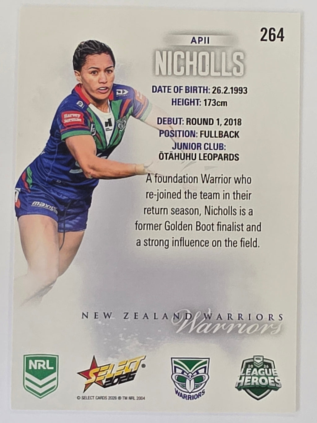 NRL 2026 League Heroes | Base | #264 | Apii Nicholls | NRLW New Zealand Warriors