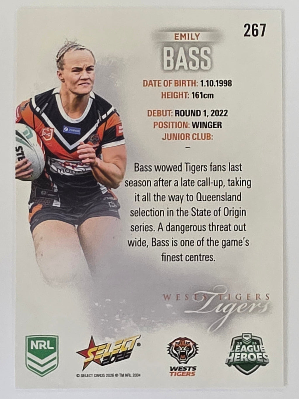 NRL 2026 League Heroes | Base | #267 | Emily Bass | NRLW Wests Tigers
