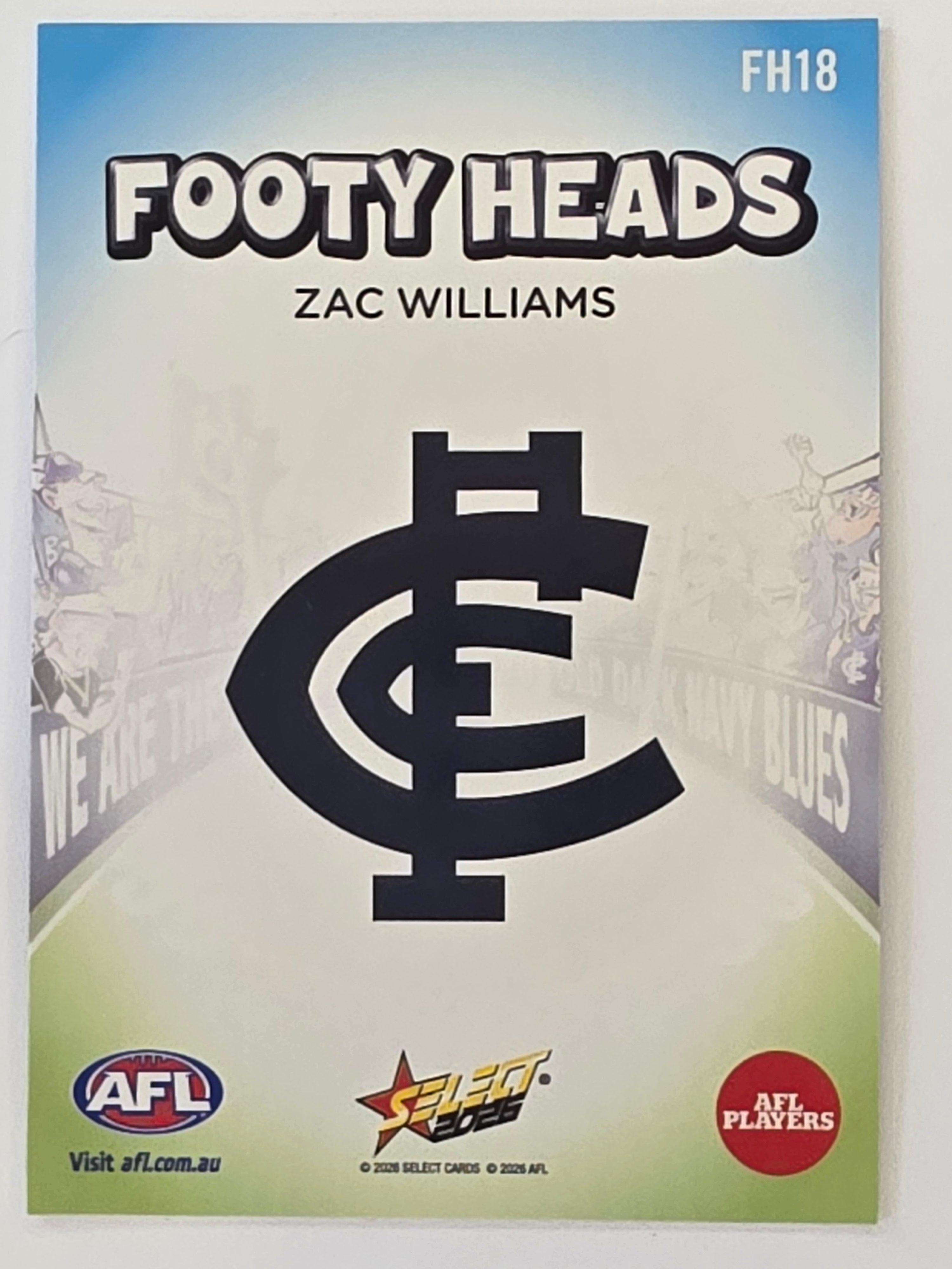 2026 AFL Footy Stars Footy Heads FH18 Zac Williams - Carlton Blues
