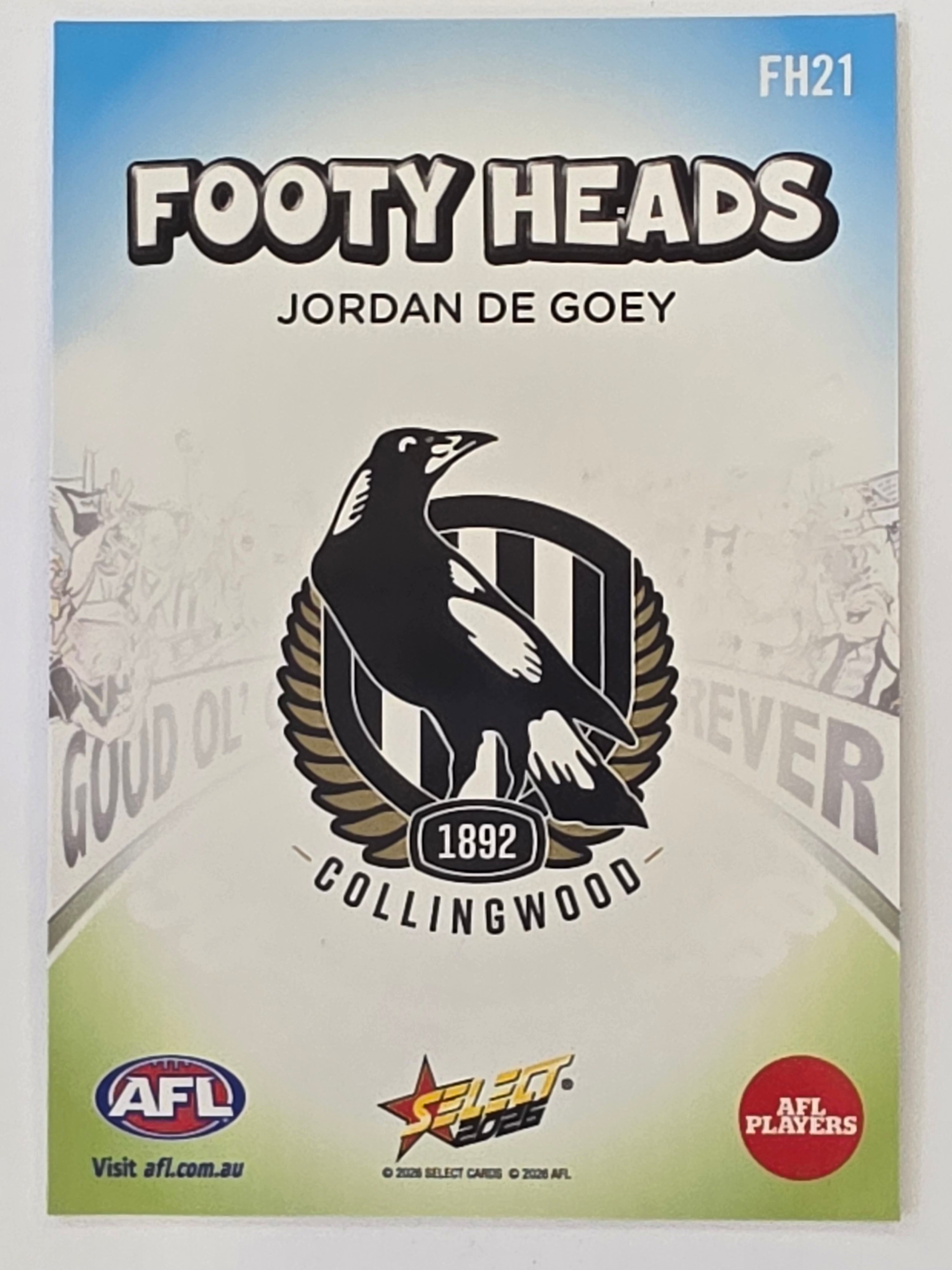2026 AFL Footy Stars Footy Heads FH21 Jordan De Goey - Collingwood Magpies