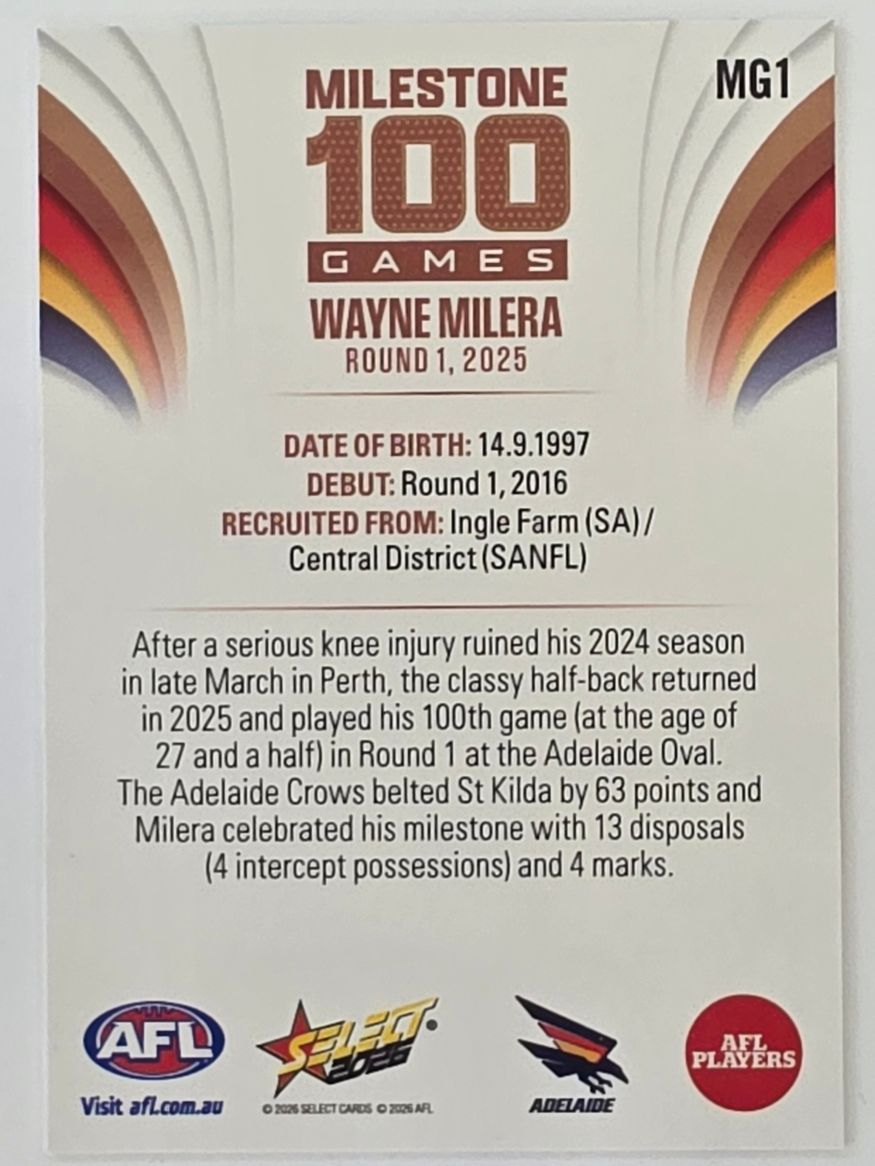 2026 AFL Footy Stars Milestone Games MG1 Wayne Milera - Adelaide Crows