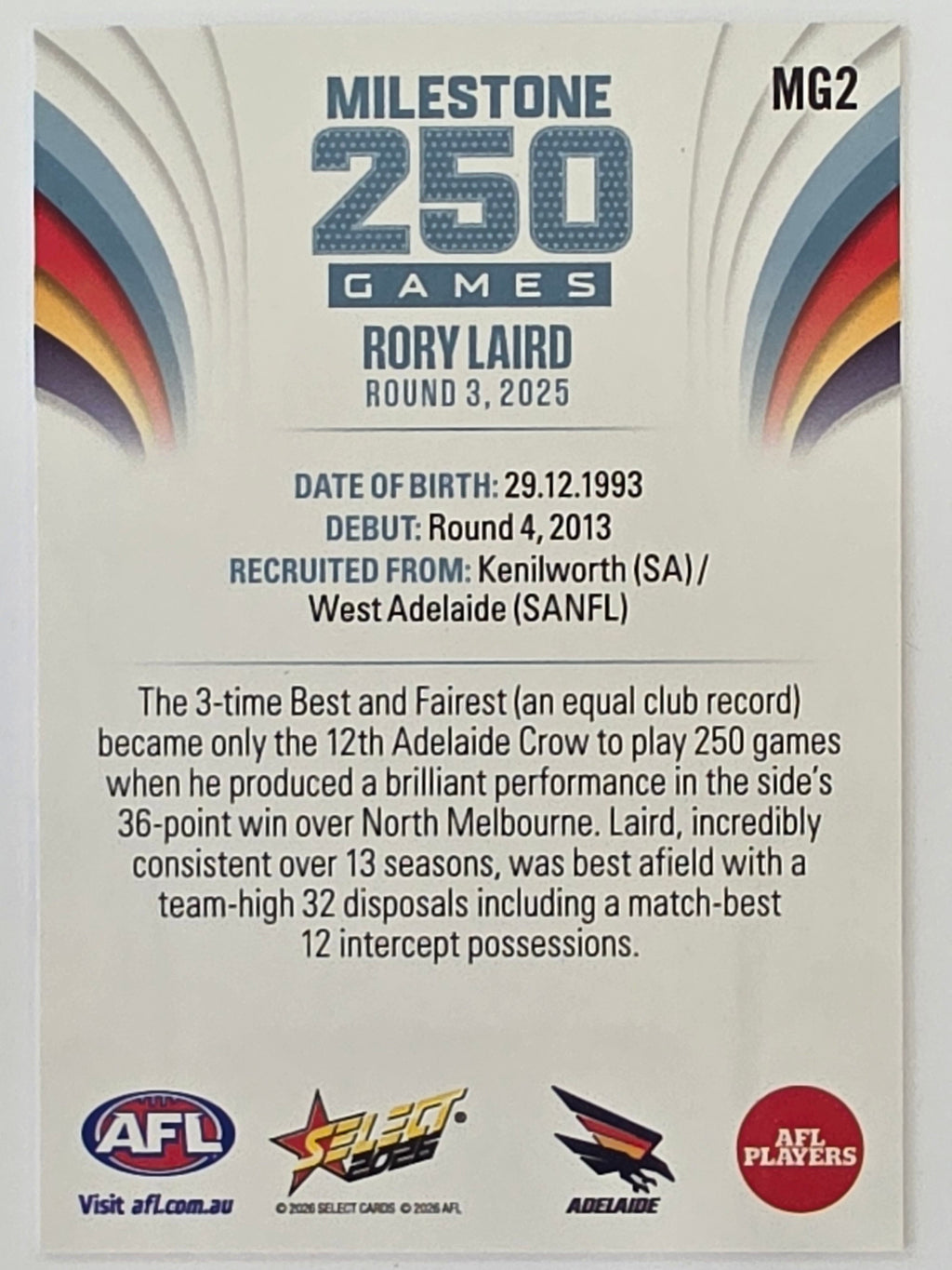 2026 AFL Footy Stars Milestone Games MG2 Rory Laird - Adelaide Crows